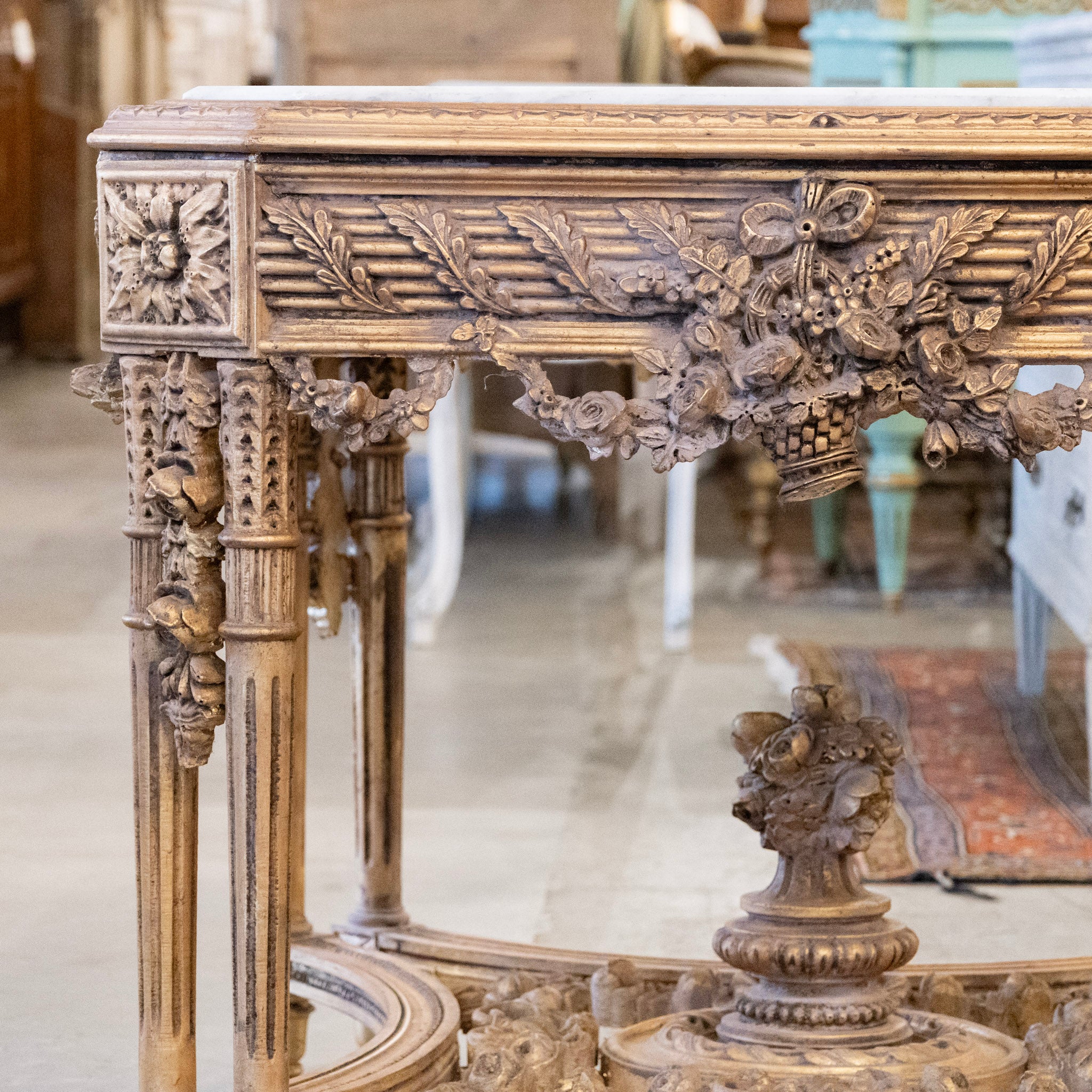 Neoclassical Ornate Center Table – Floral Carvings & White Marble Top - Image 3