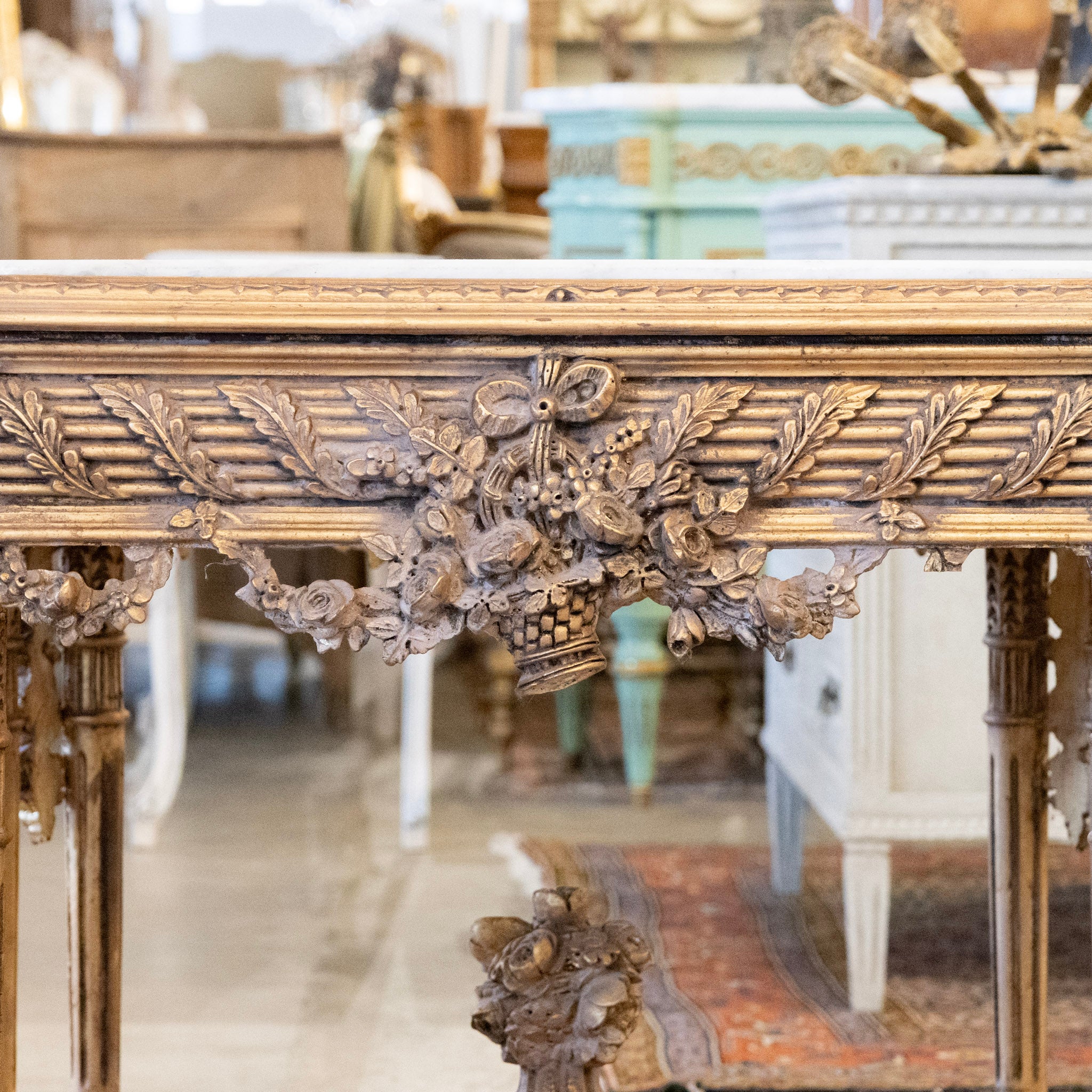 Neoclassical Ornate Center Table – Floral Carvings & White Marble Top - Image 4
