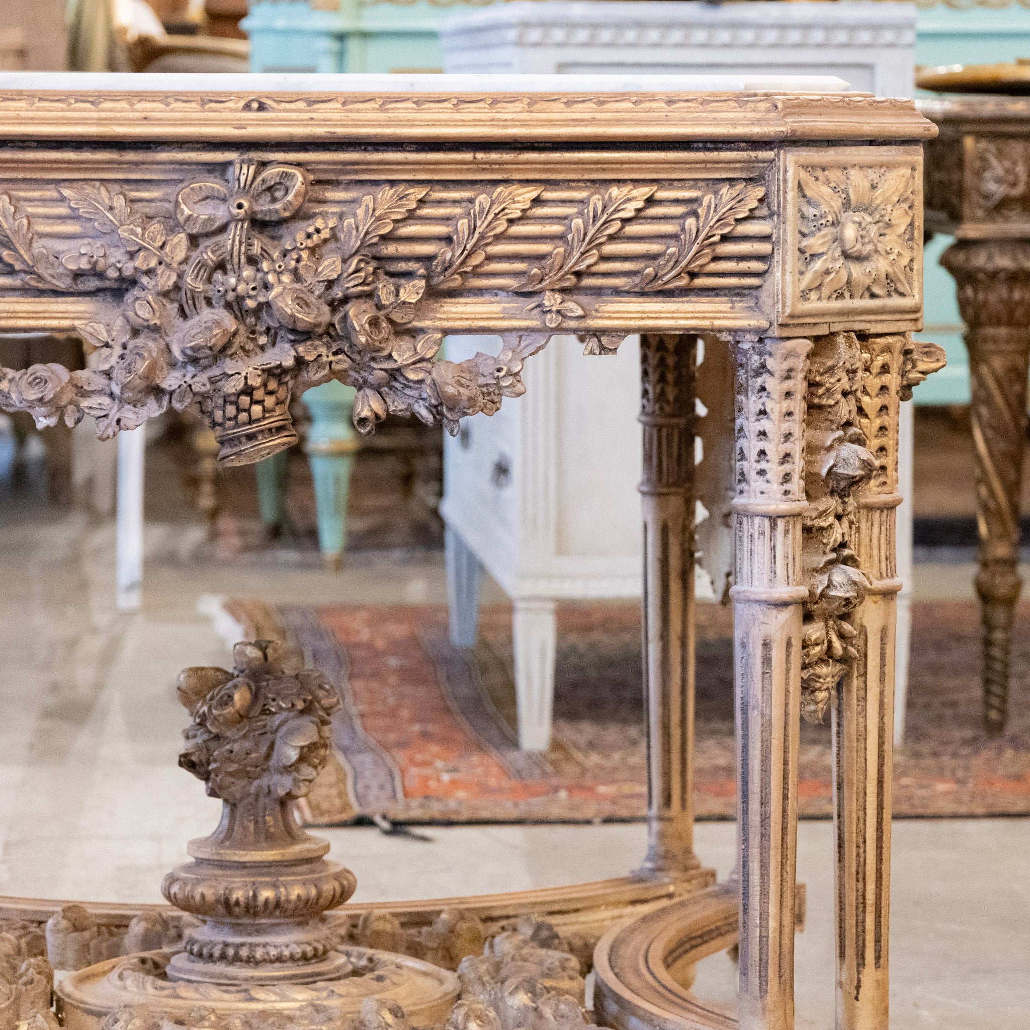 Neoclassical Ornate Center Table – Floral Carvings & White Marble Top - Image 5