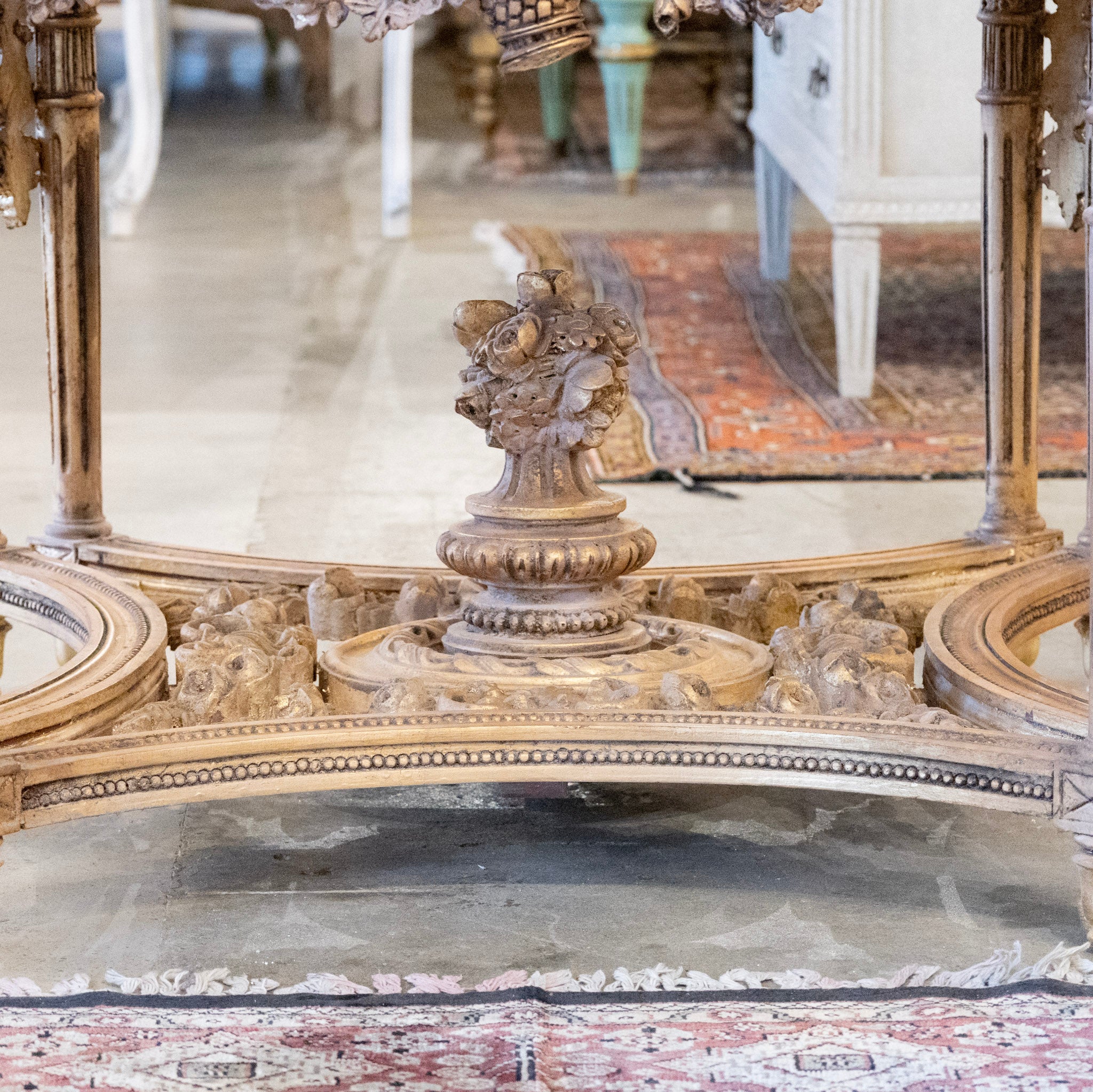 Neoclassical Ornate Center Table – Floral Carvings & White Marble Top - Image 6