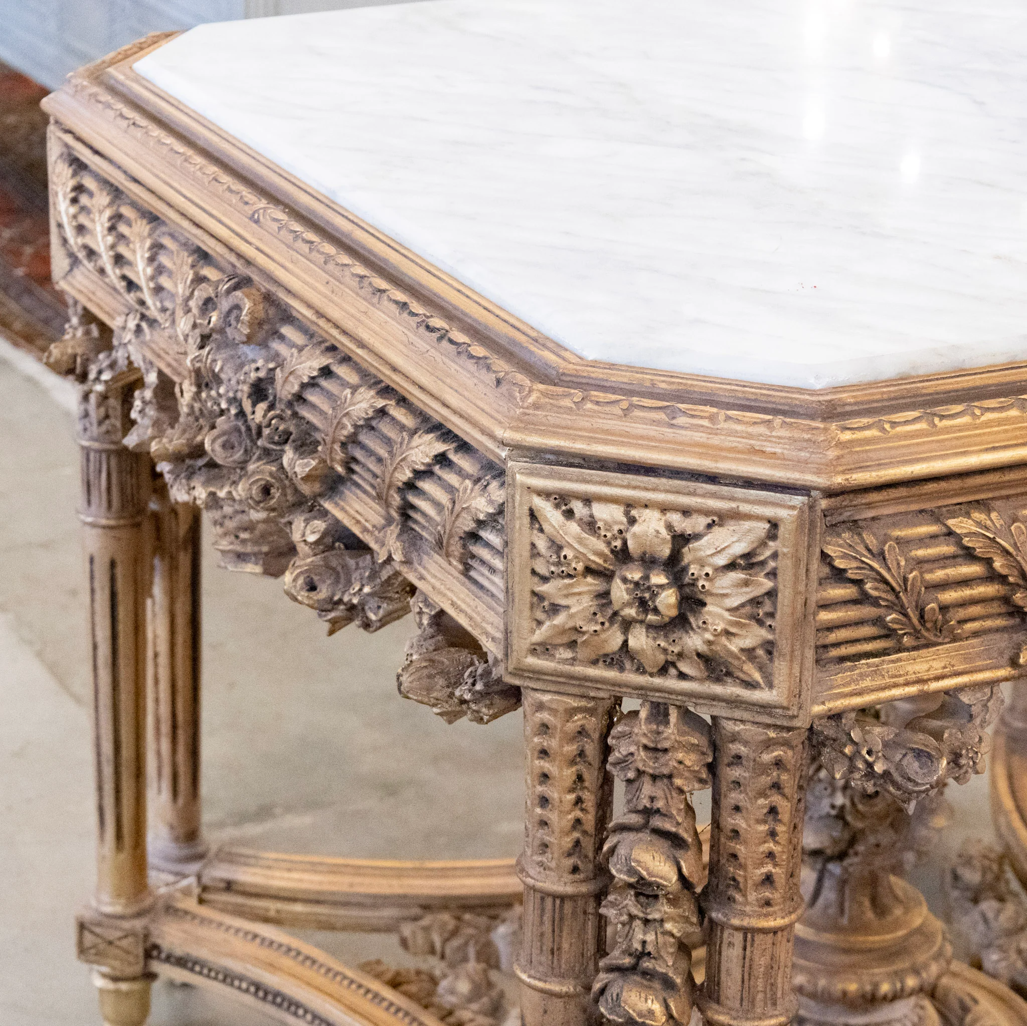 Neoclassical Ornate Center Table – Floral Carvings & White Marble Top - Image 9