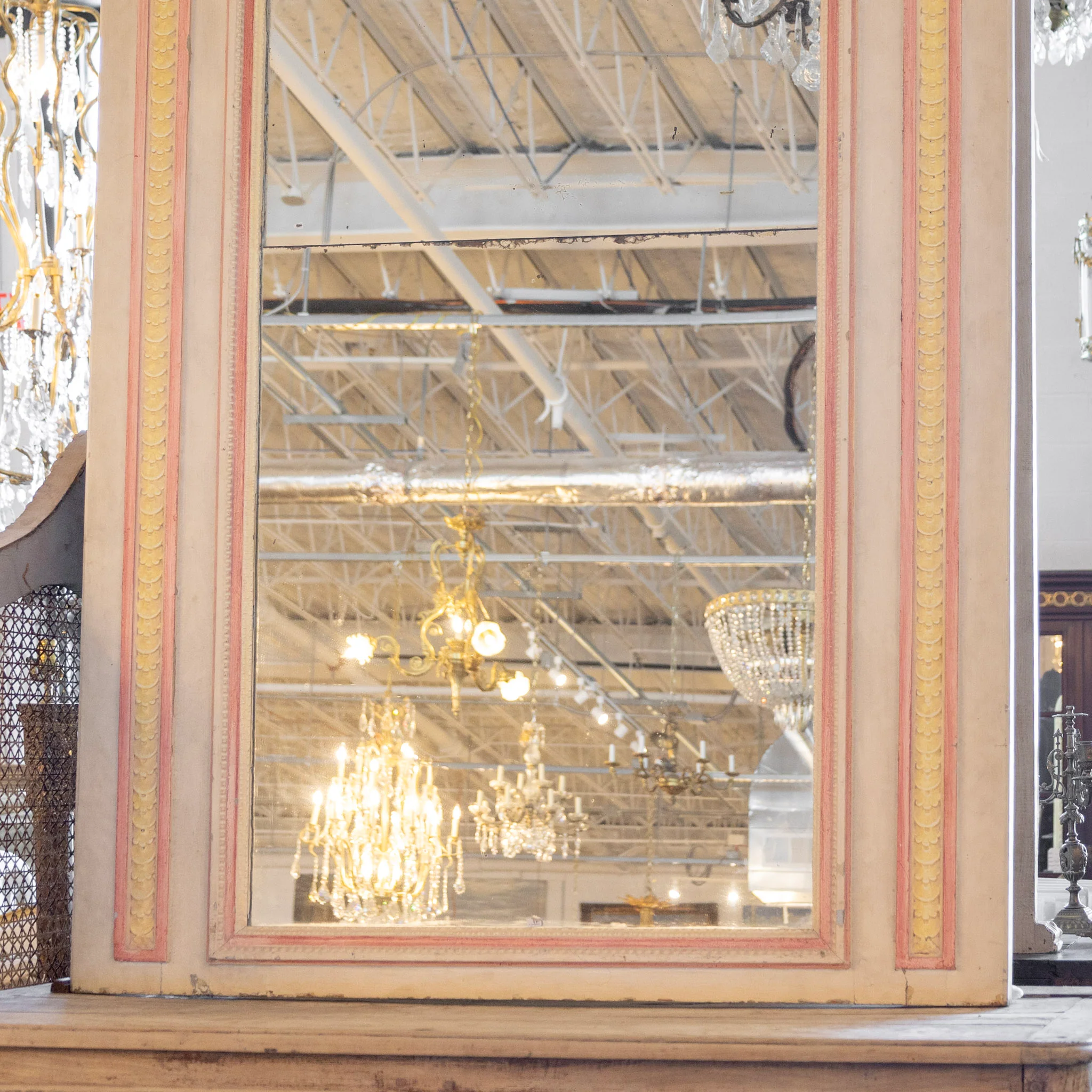 French Neoclassical Painted Mirror — Pink & Yellow Trim with Foxing - Image 3