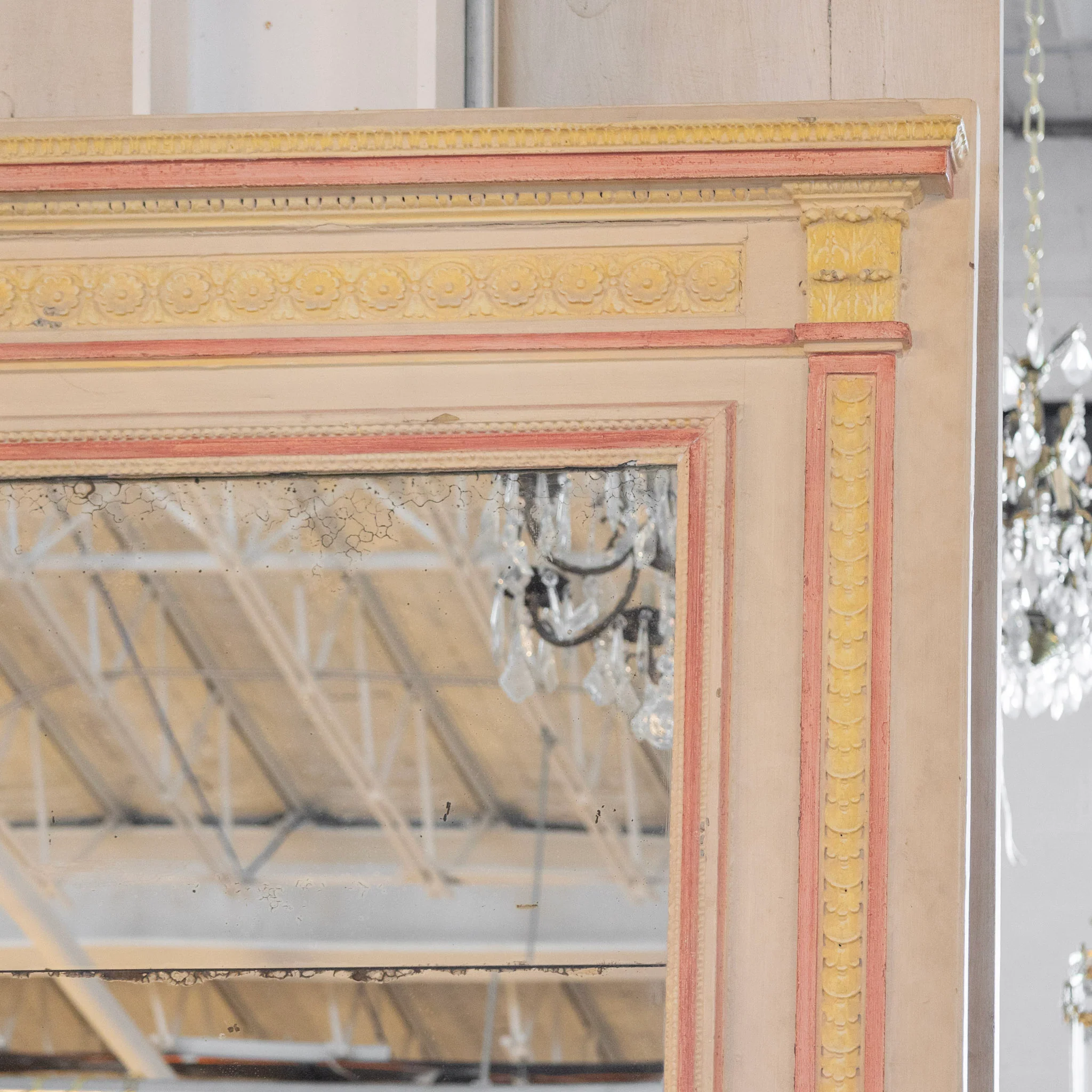 French Neoclassical Painted Mirror — Pink & Yellow Trim with Foxing - Image 4