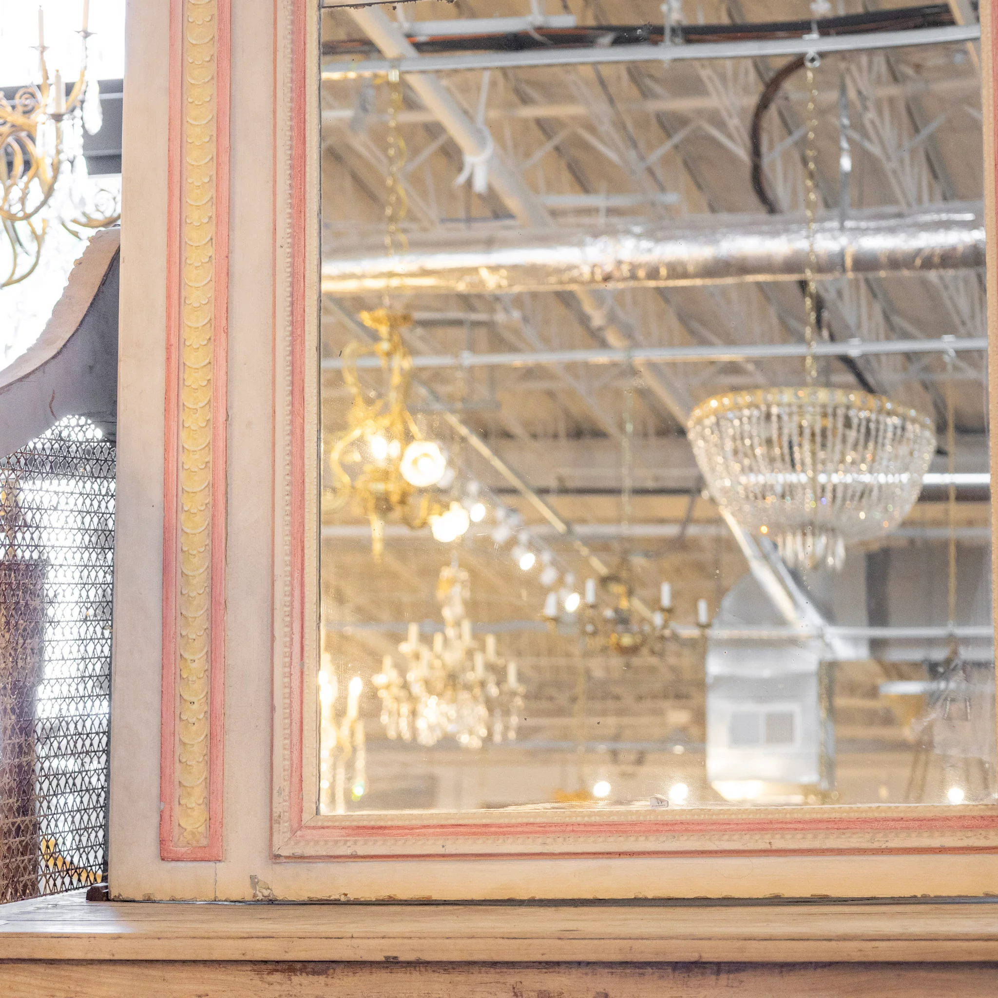 French Neoclassical Painted Mirror — Pink & Yellow Trim with Foxing - Image 5