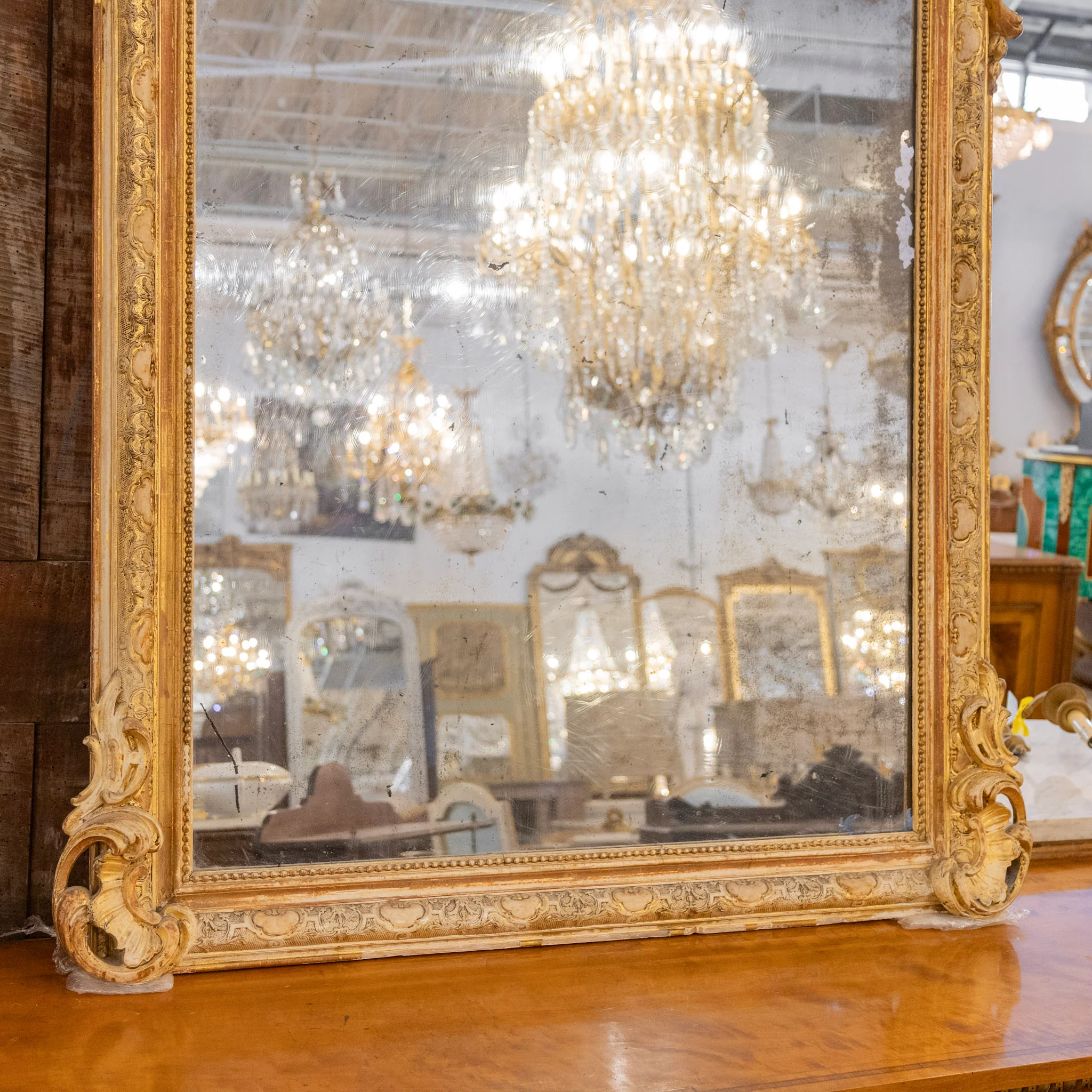 French Gilded Ornate Mirror — Scroll Crest & Foxing - Image 3
