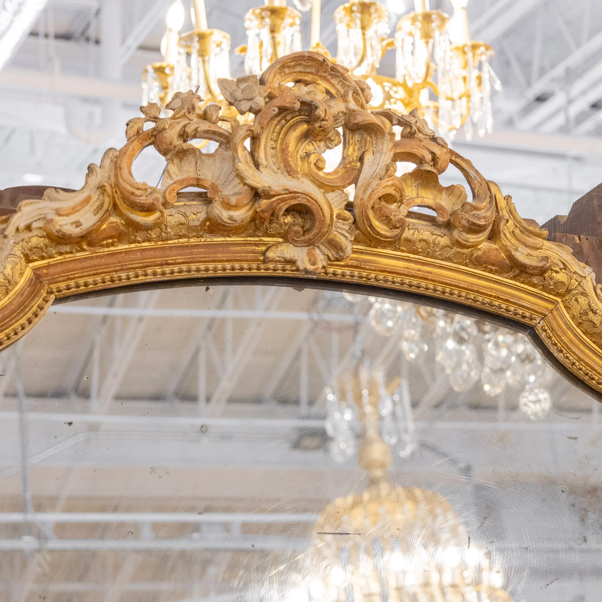 French Gilded Ornate Mirror — Scroll Crest & Foxing - Image 4