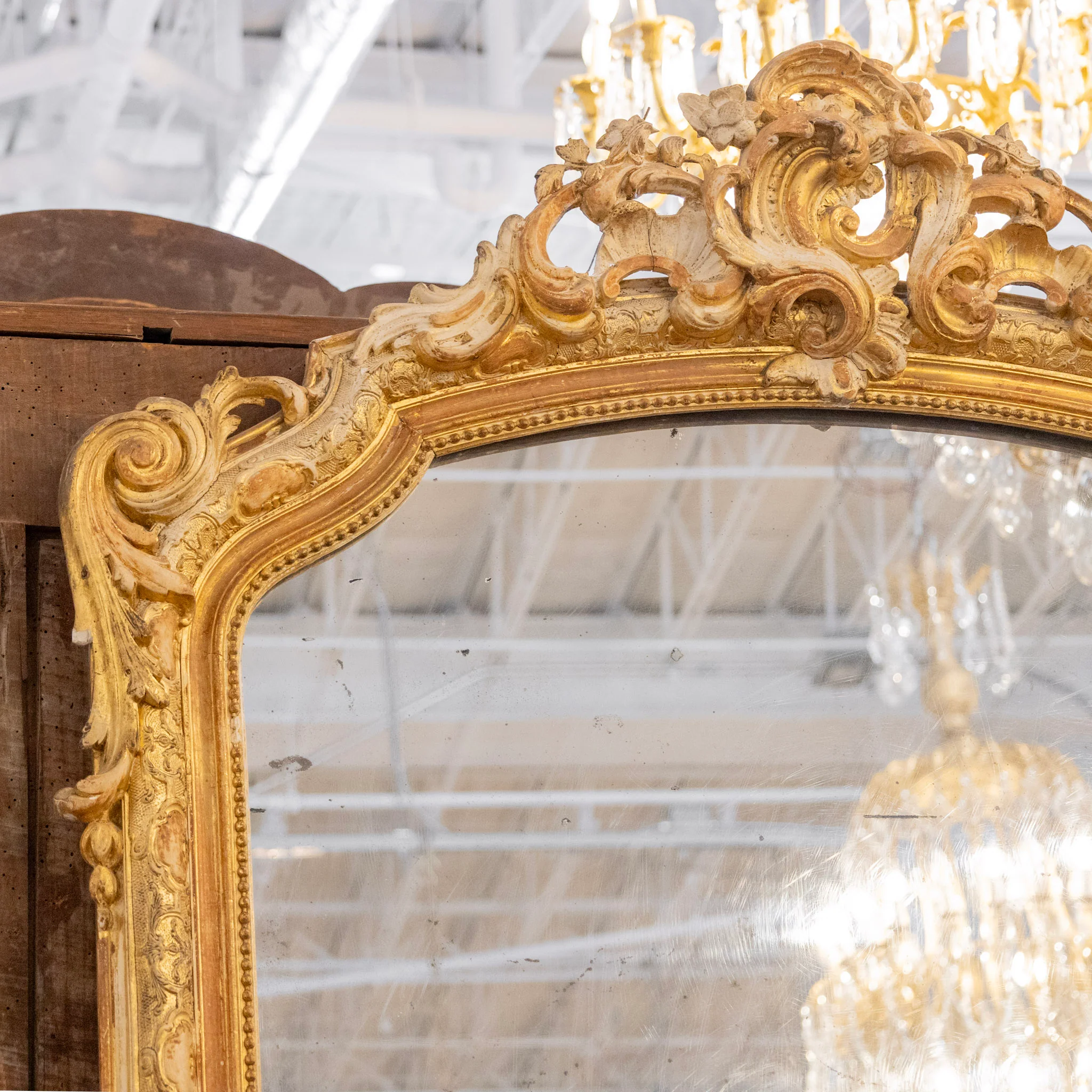 French Gilded Ornate Mirror — Scroll Crest & Foxing - Image 5