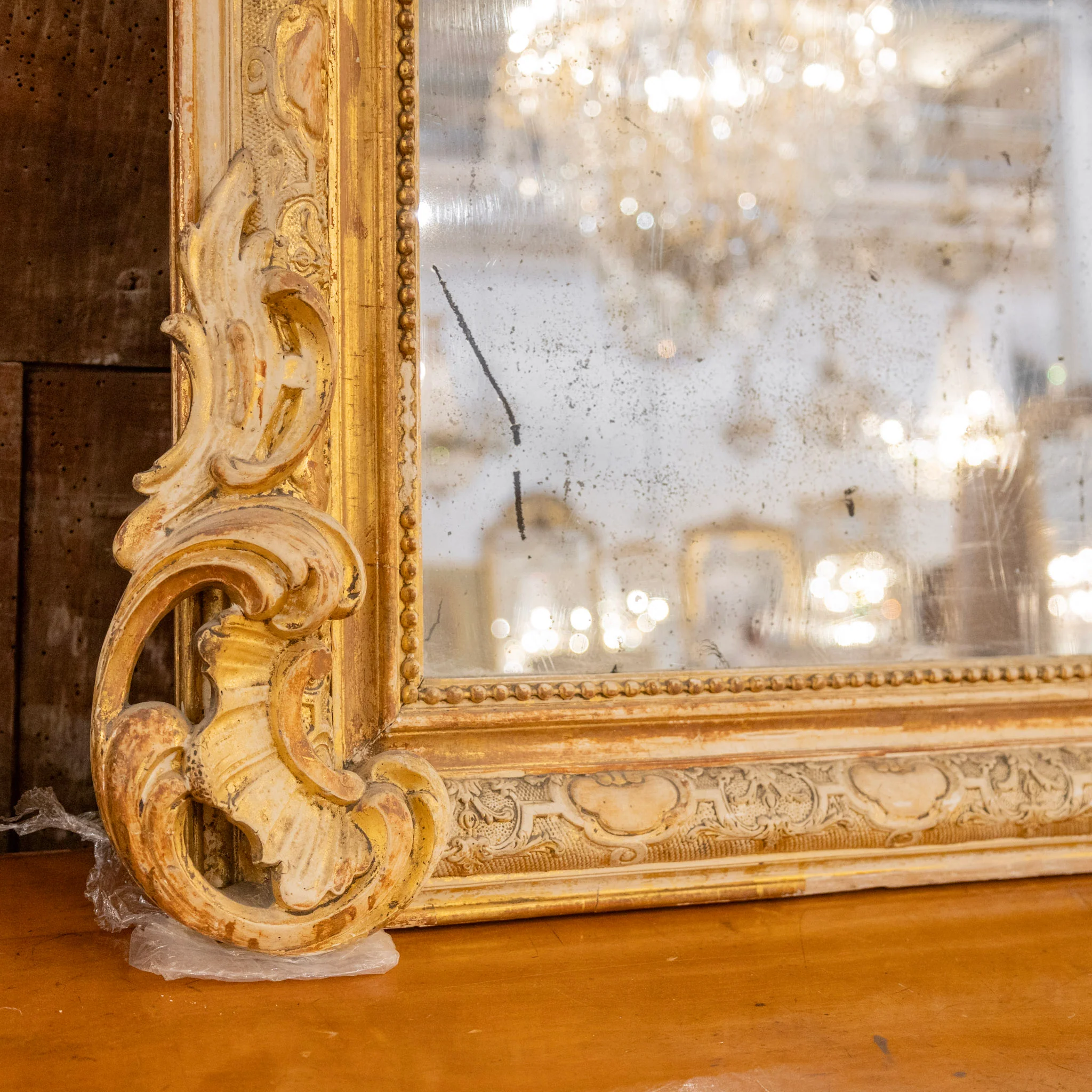 French Gilded Ornate Mirror — Scroll Crest & Foxing - Image 6