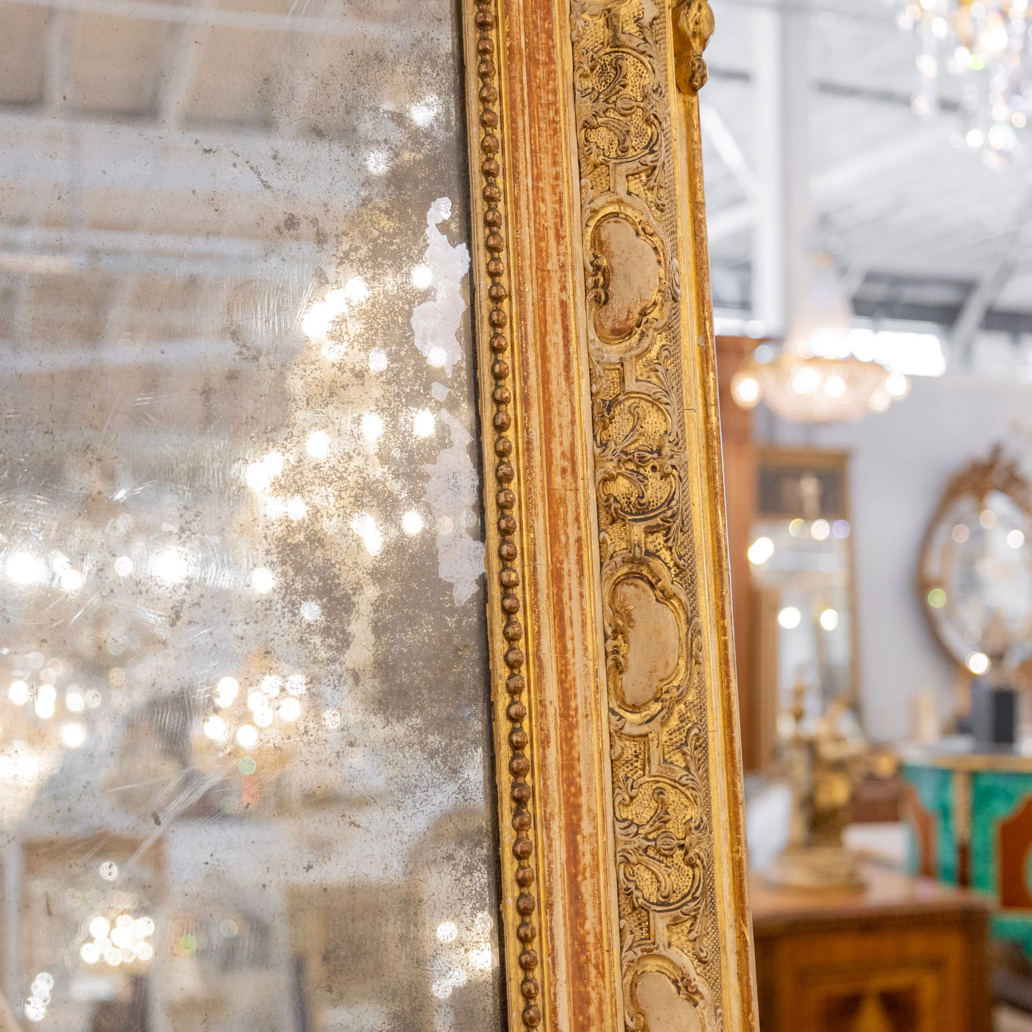 French Gilded Ornate Mirror — Scroll Crest & Foxing - Image 7