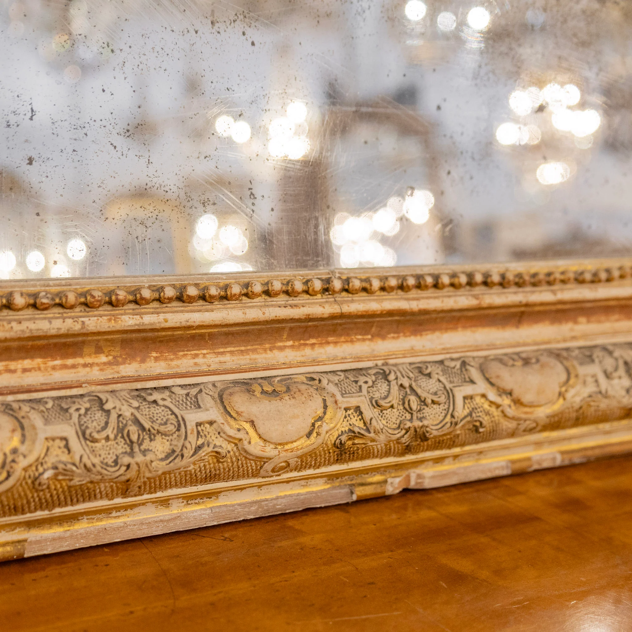 French Gilded Ornate Mirror — Scroll Crest & Foxing - Image 8