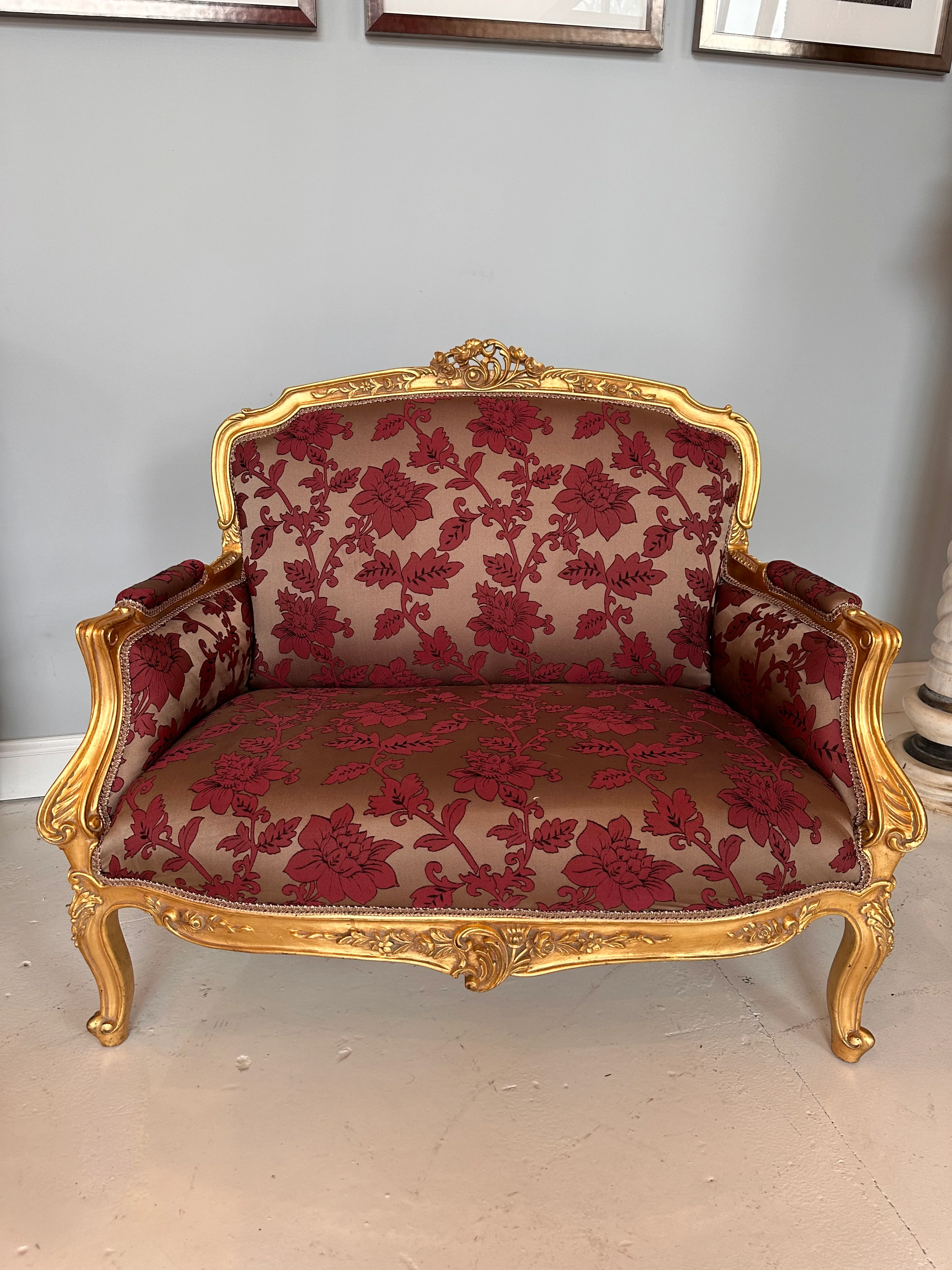 Original Antique French Small Louis XV Settee with Red Floral Fabric