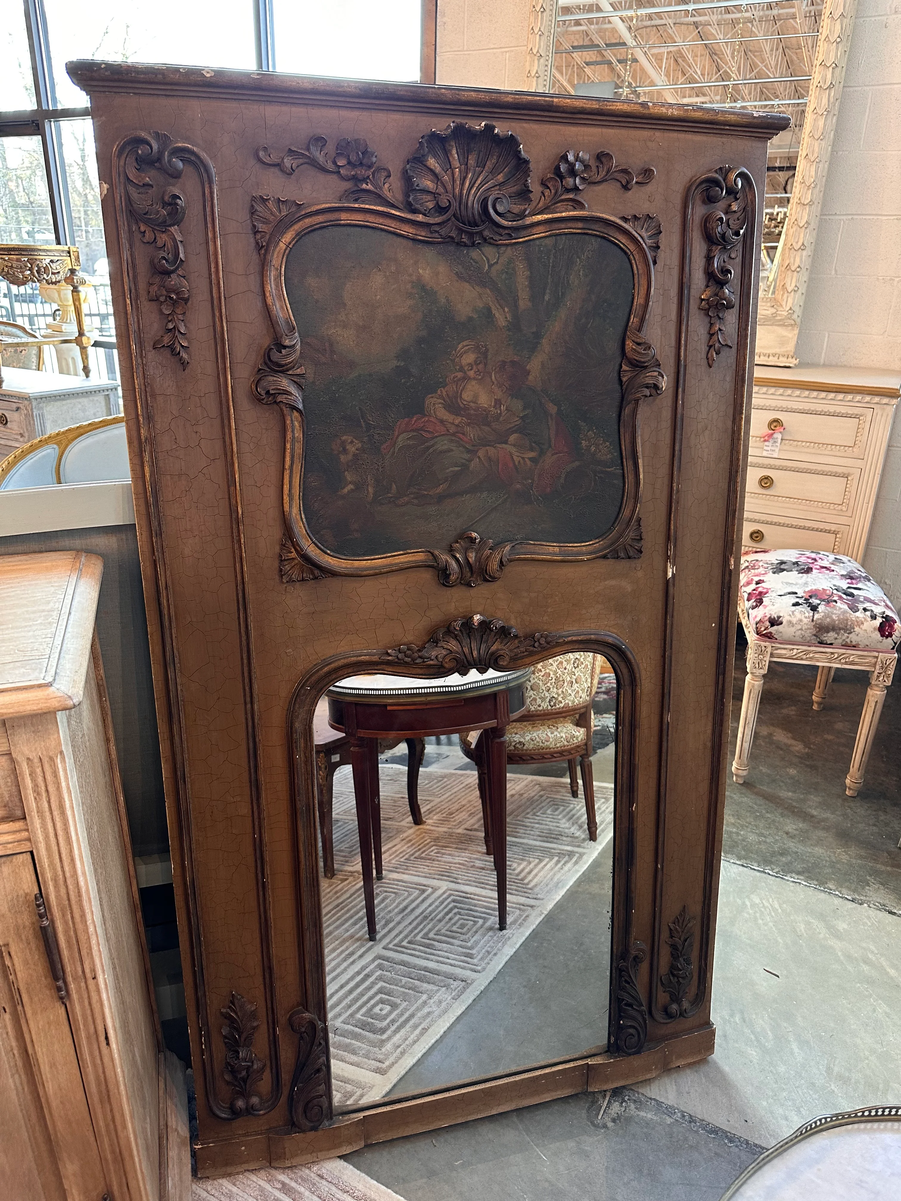 Original Antique French Trumeau Mirror with Oil Painting
