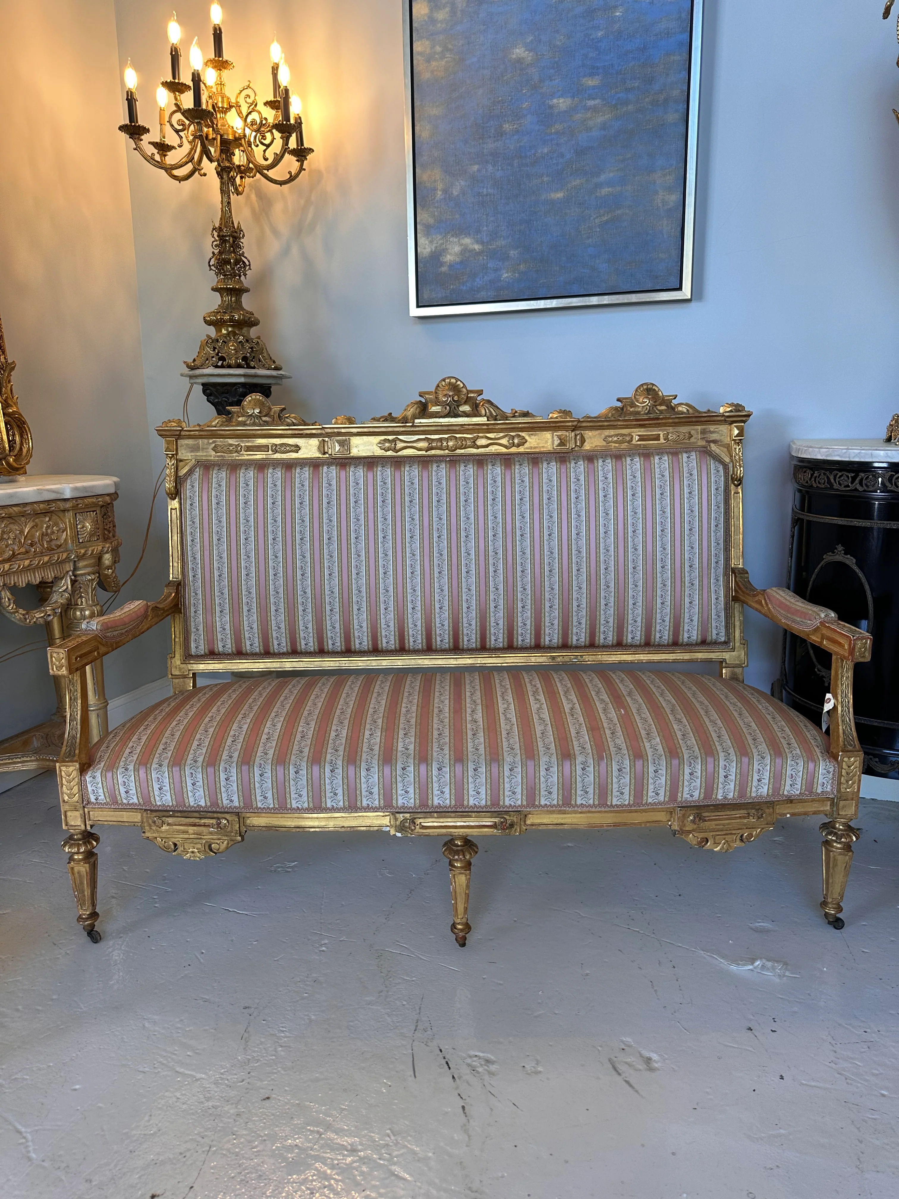 Original Antique Louis XVI Square Back Striped Settee