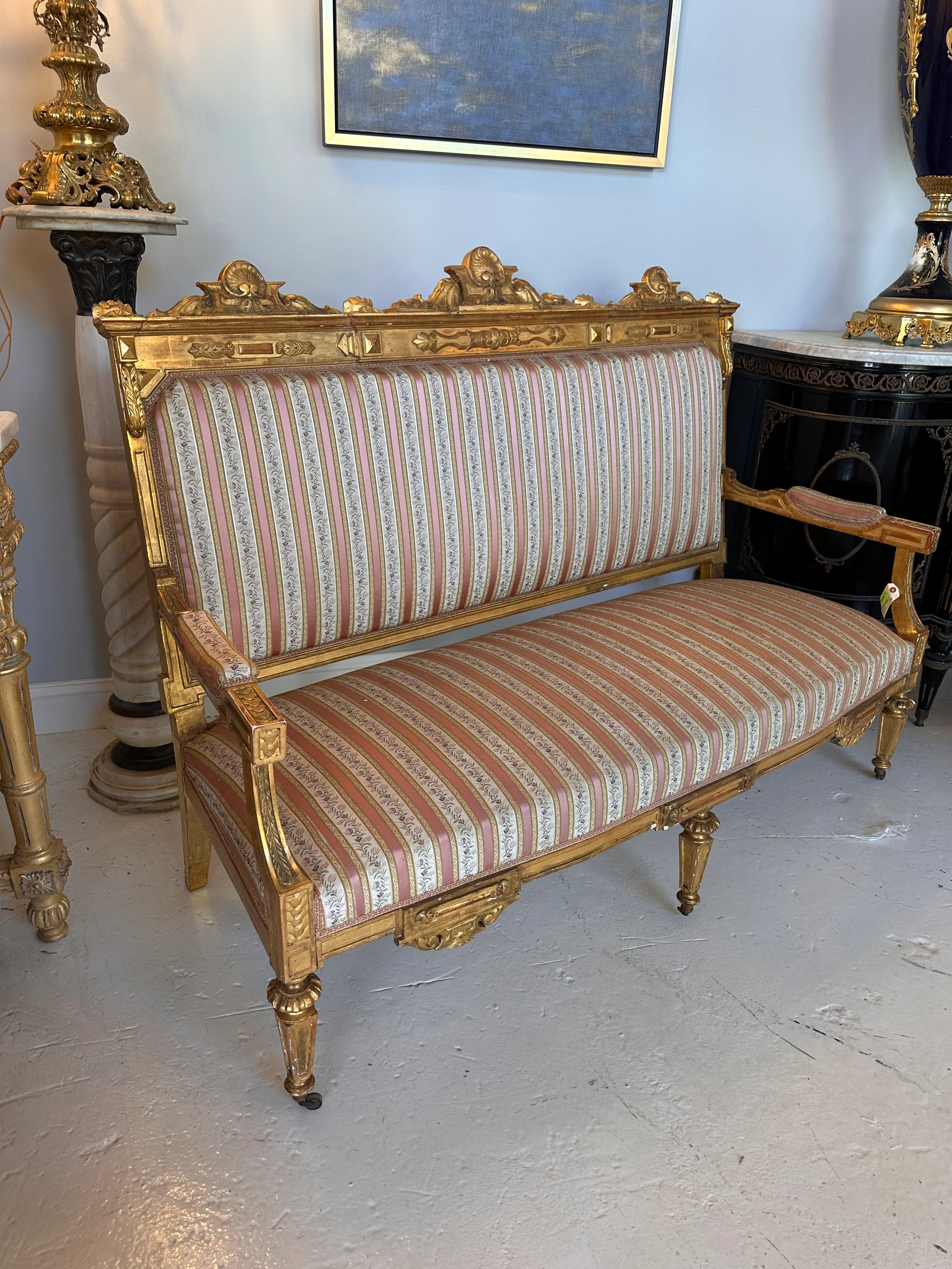 Original Antique Louis XVI Square Back Striped Settee - Image 2