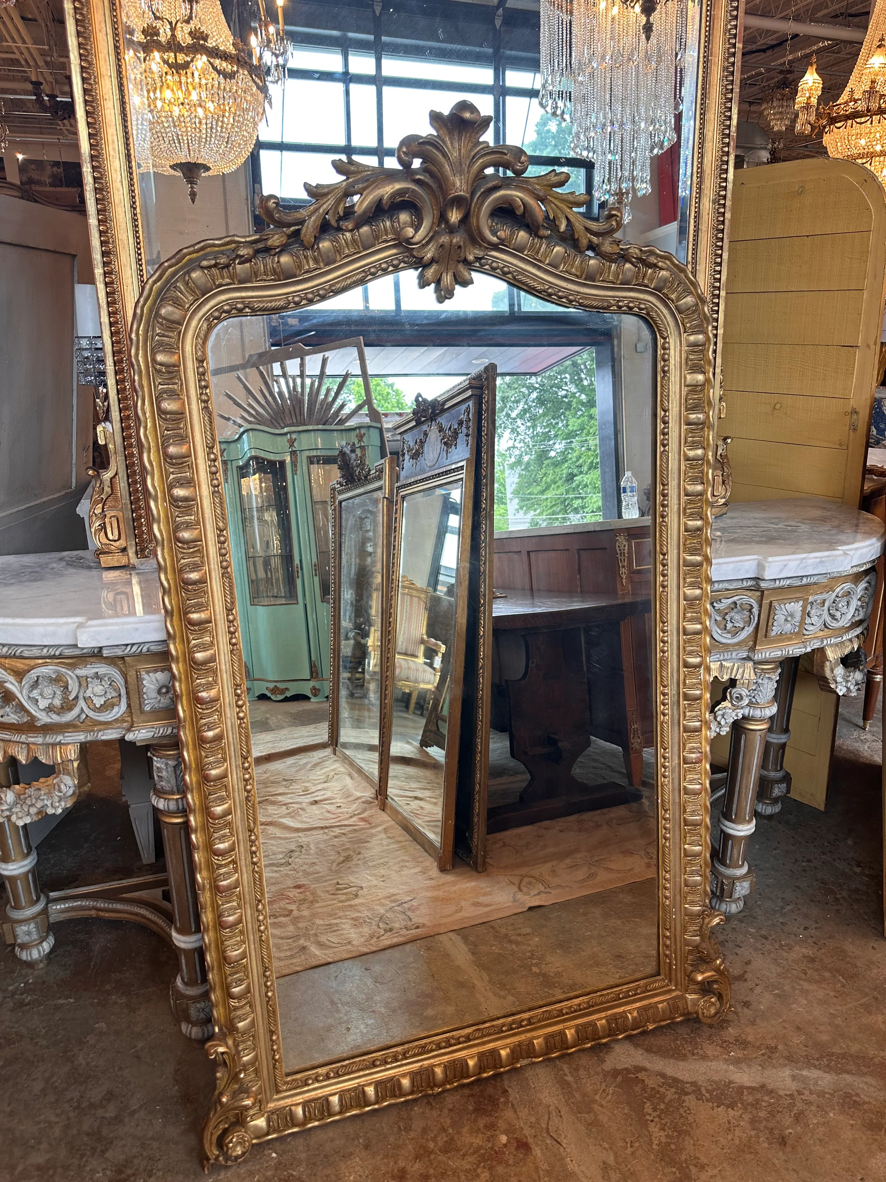 Original Antique Ornate French Mirror with Beaded Trim