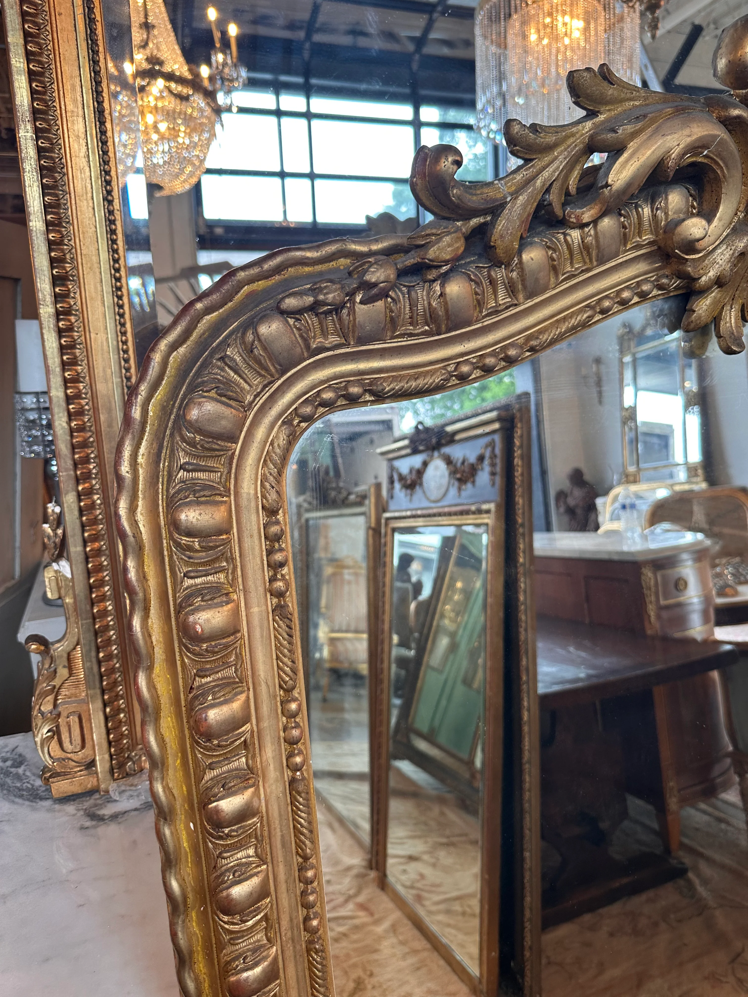 Original Antique Ornate French Mirror with Beaded Trim - Image 2