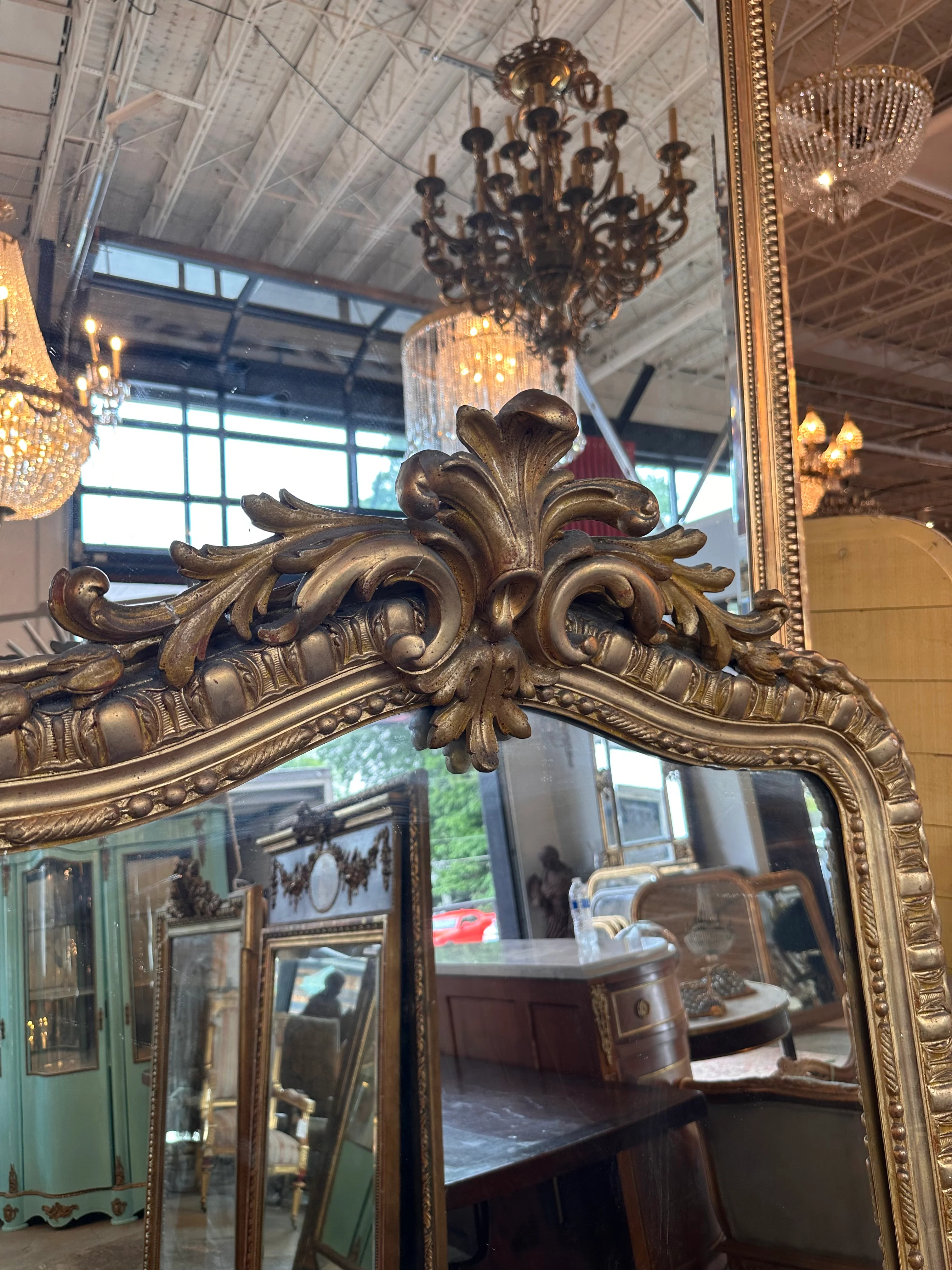 Original Antique Ornate French Mirror with Beaded Trim - Image 3