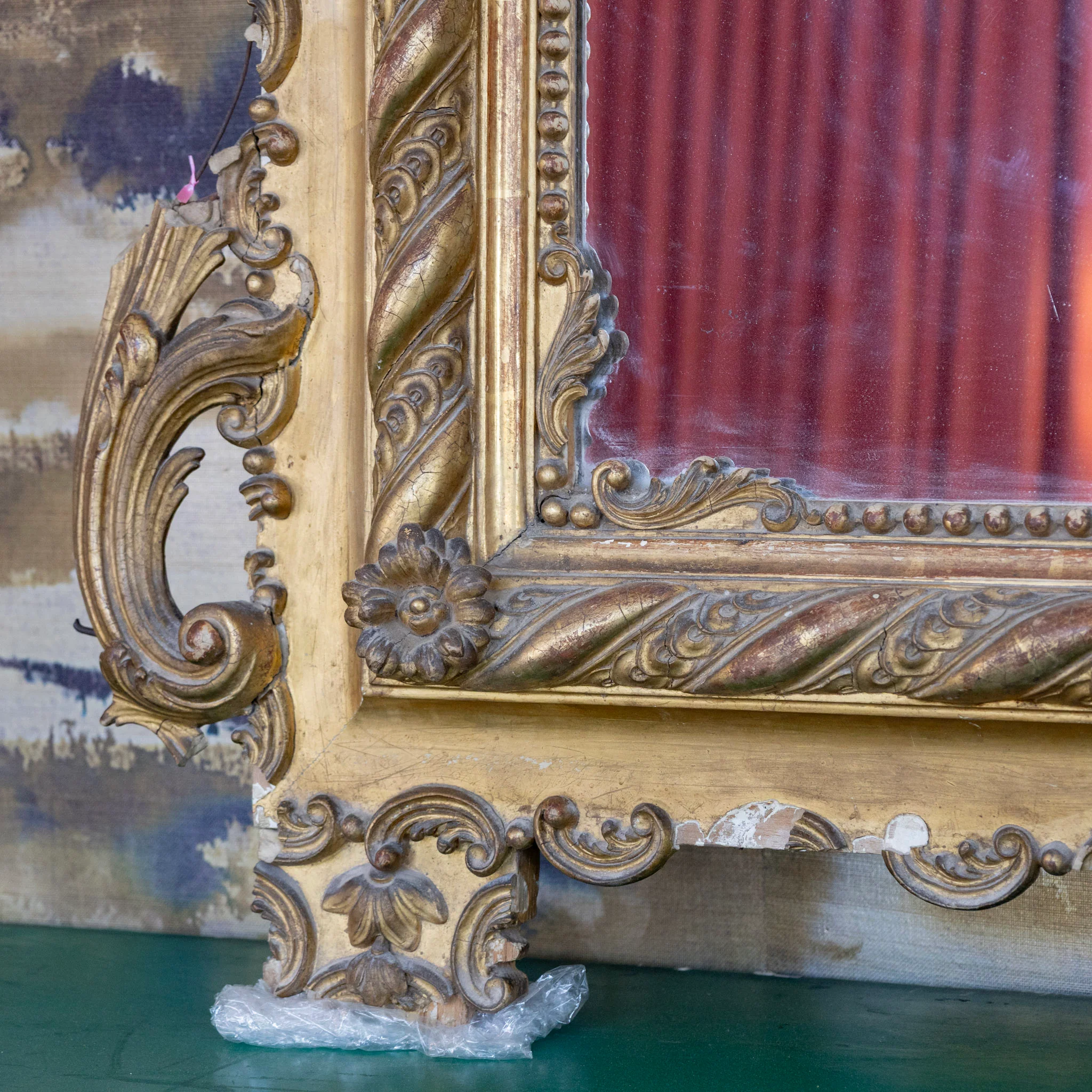 French 18th Century Gilded Ornate Mirror — Leaf Scroll Crest & Rope Trim - Image 5