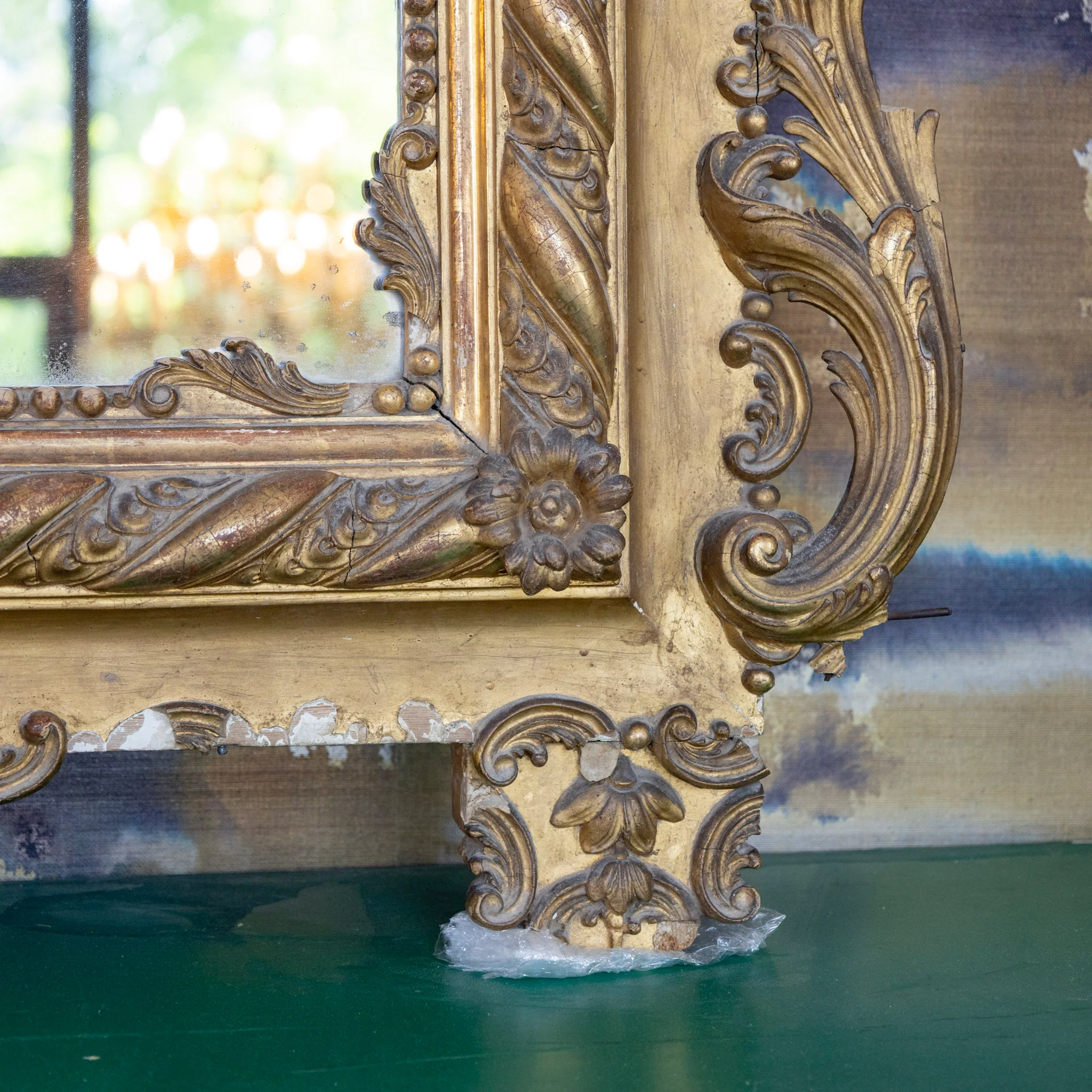 French 18th Century Gilded Ornate Mirror — Leaf Scroll Crest & Rope Trim - Image 6