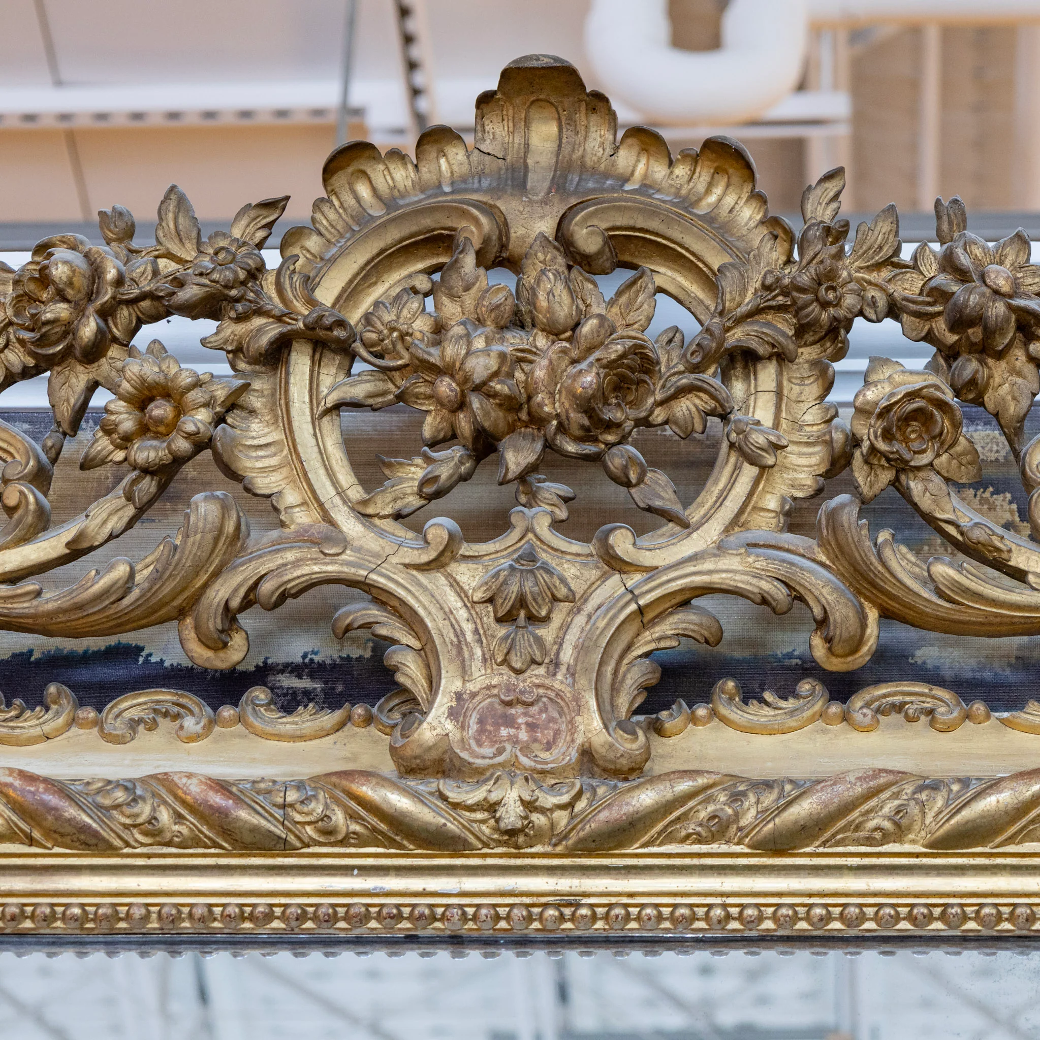 French 18th Century Gilded Ornate Mirror — Leaf Scroll Crest & Rope Trim - Image 7