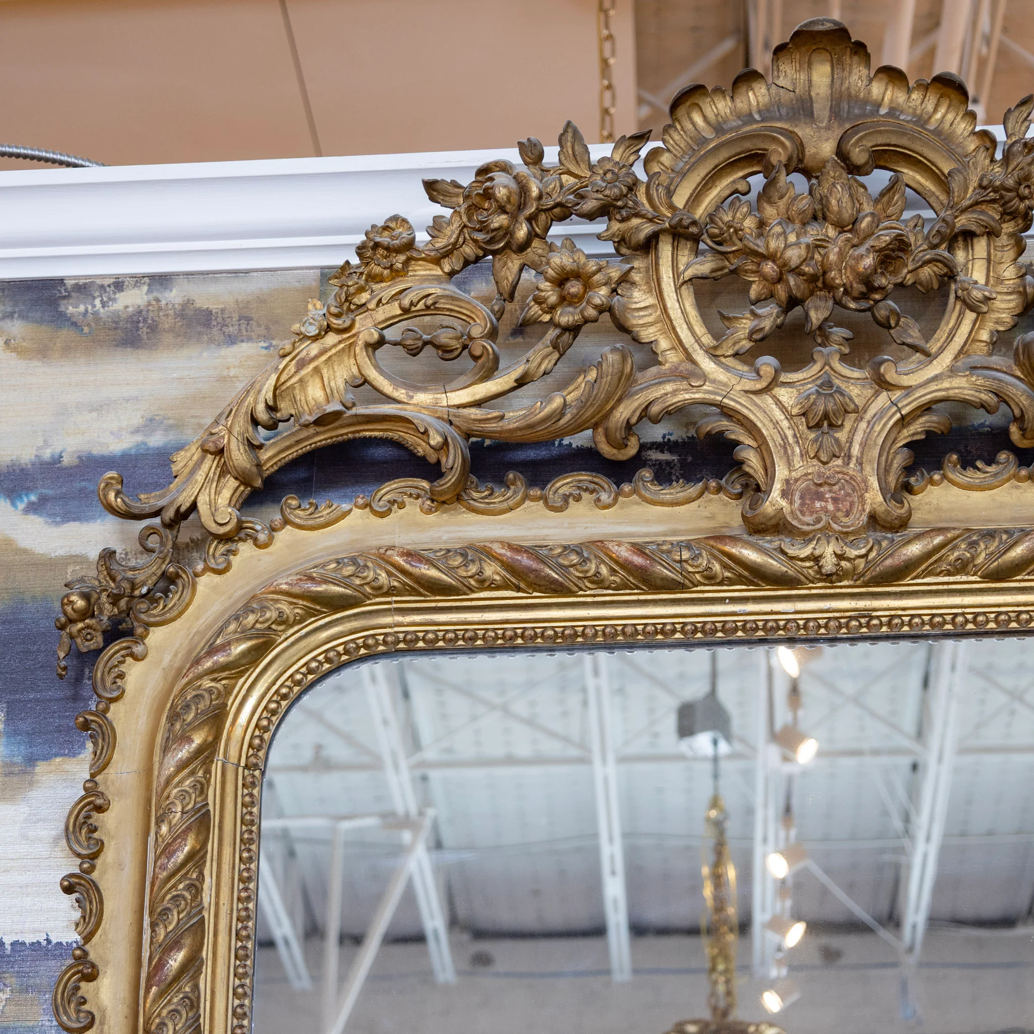 French 18th Century Gilded Ornate Mirror — Leaf Scroll Crest & Rope Trim - Image 8