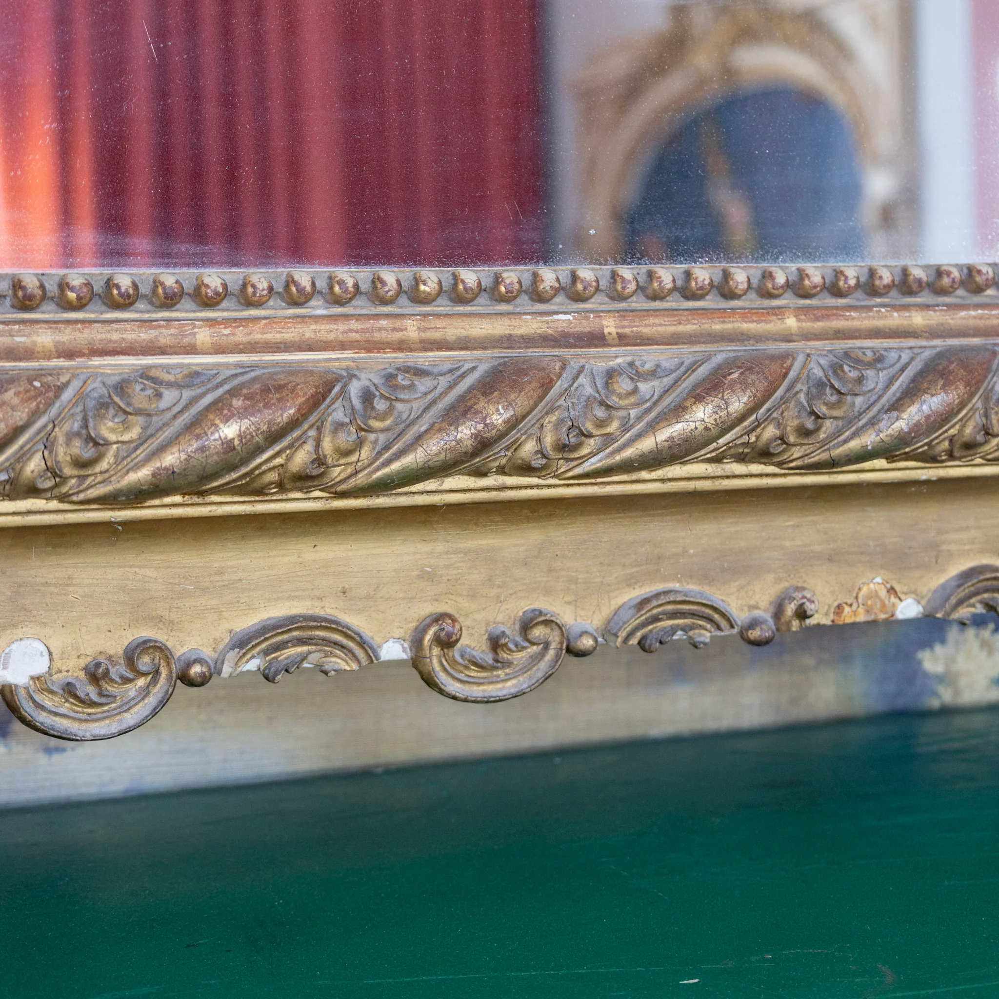 French 18th Century Gilded Ornate Mirror — Leaf Scroll Crest & Rope Trim - Image 9