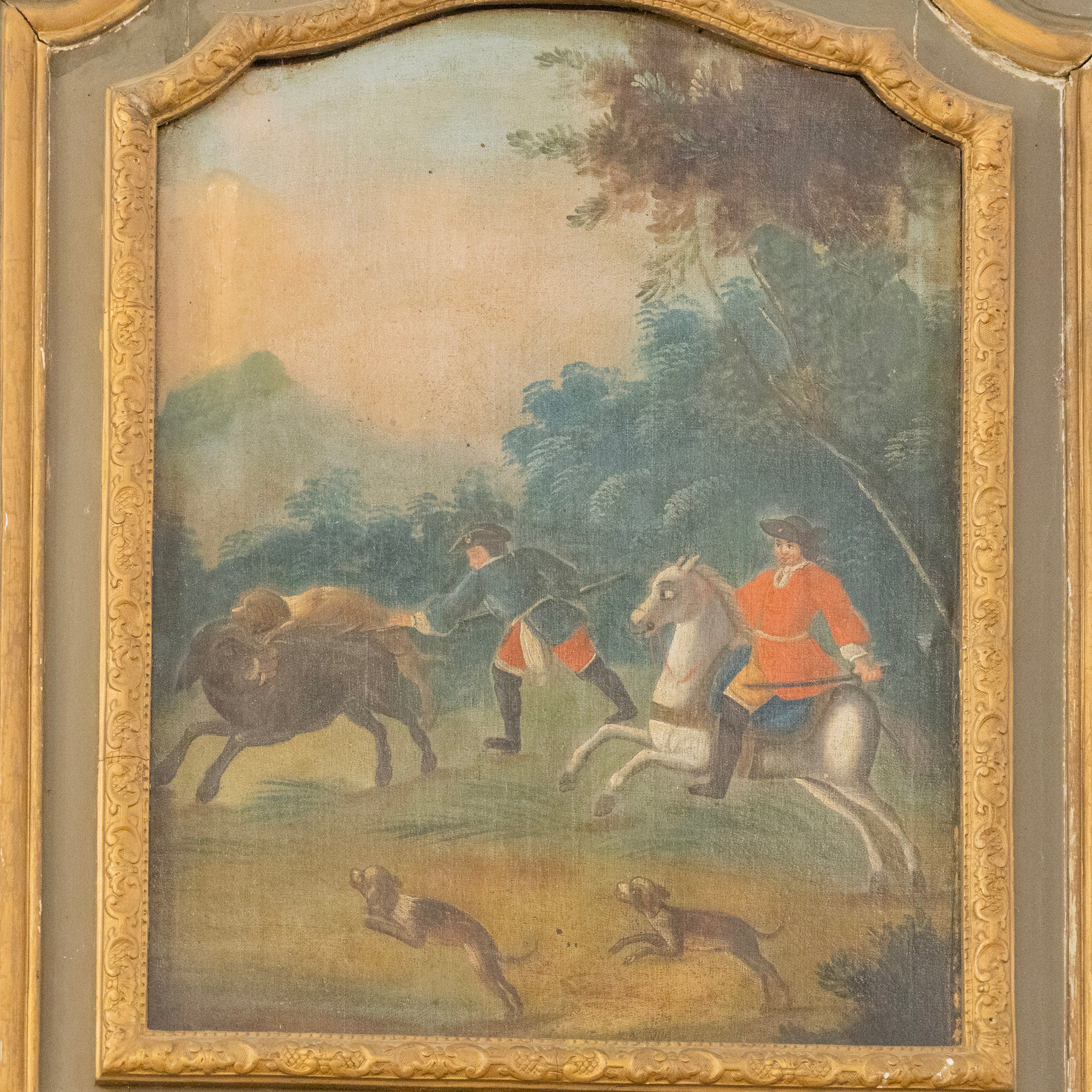 French 18th Century Gilded Trumeau Mirror — Oil Painting & Foxing - Image 7