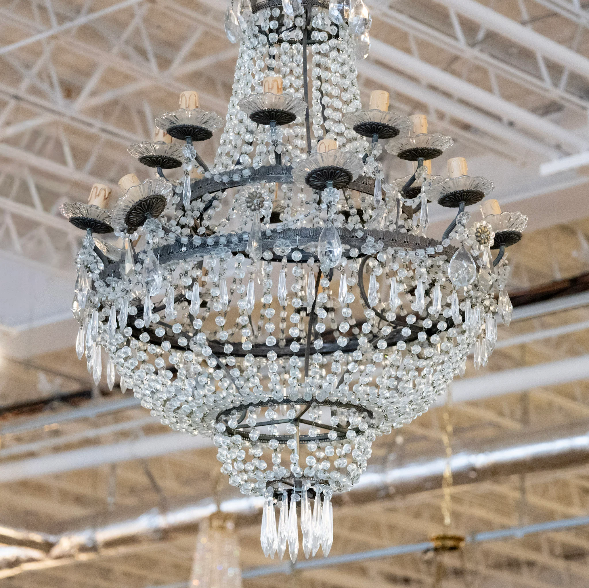French Empire Iron Basket Chandelier – Beaded Drapery Crystals & Icicle Drops - Image 3