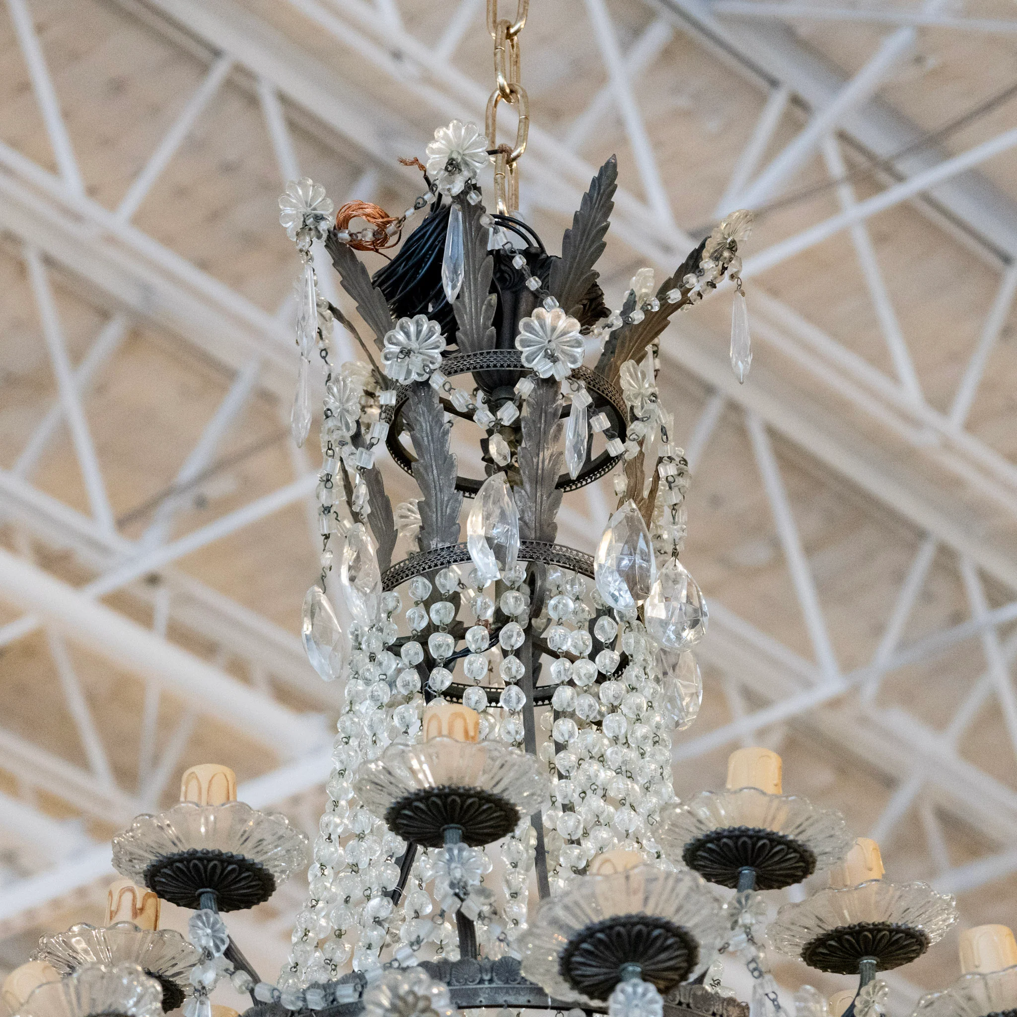 French Empire Iron Basket Chandelier – Beaded Drapery Crystals & Icicle Drops - Image 4