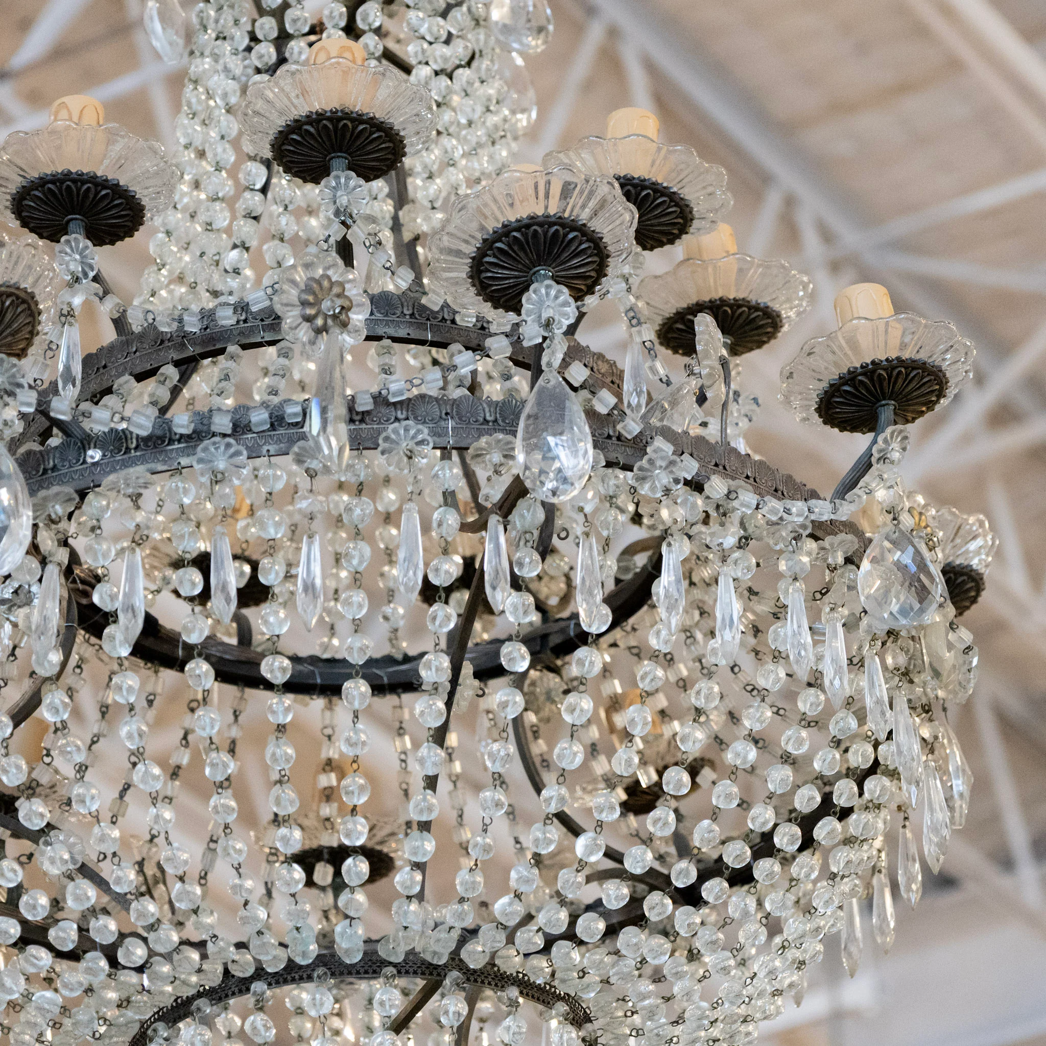 French Empire Iron Basket Chandelier – Beaded Drapery Crystals & Icicle Drops - Image 6