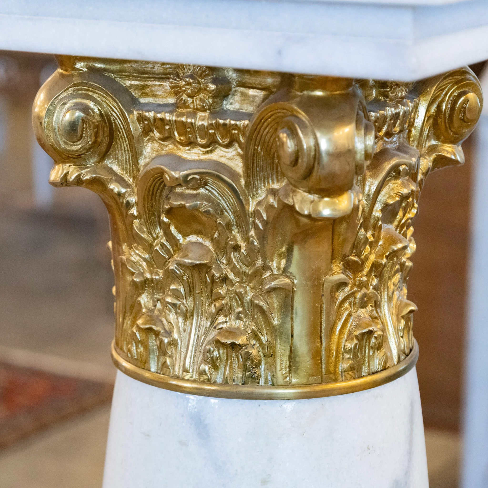 Ornate French White Marble Pedestal Column with Brass Trim - Image 10