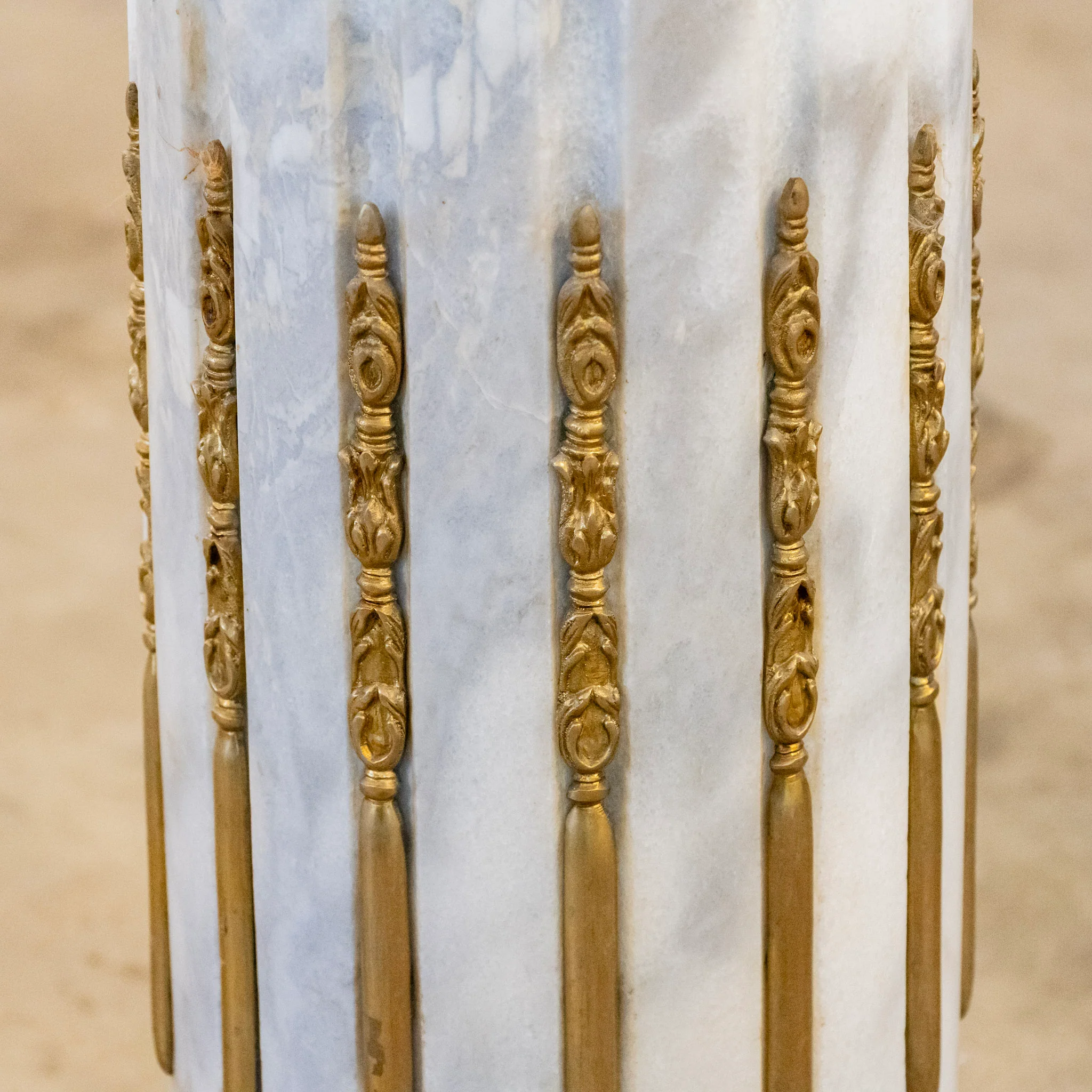 Ornate French White Marble Pedestal Column with Brass Trim - Image 12