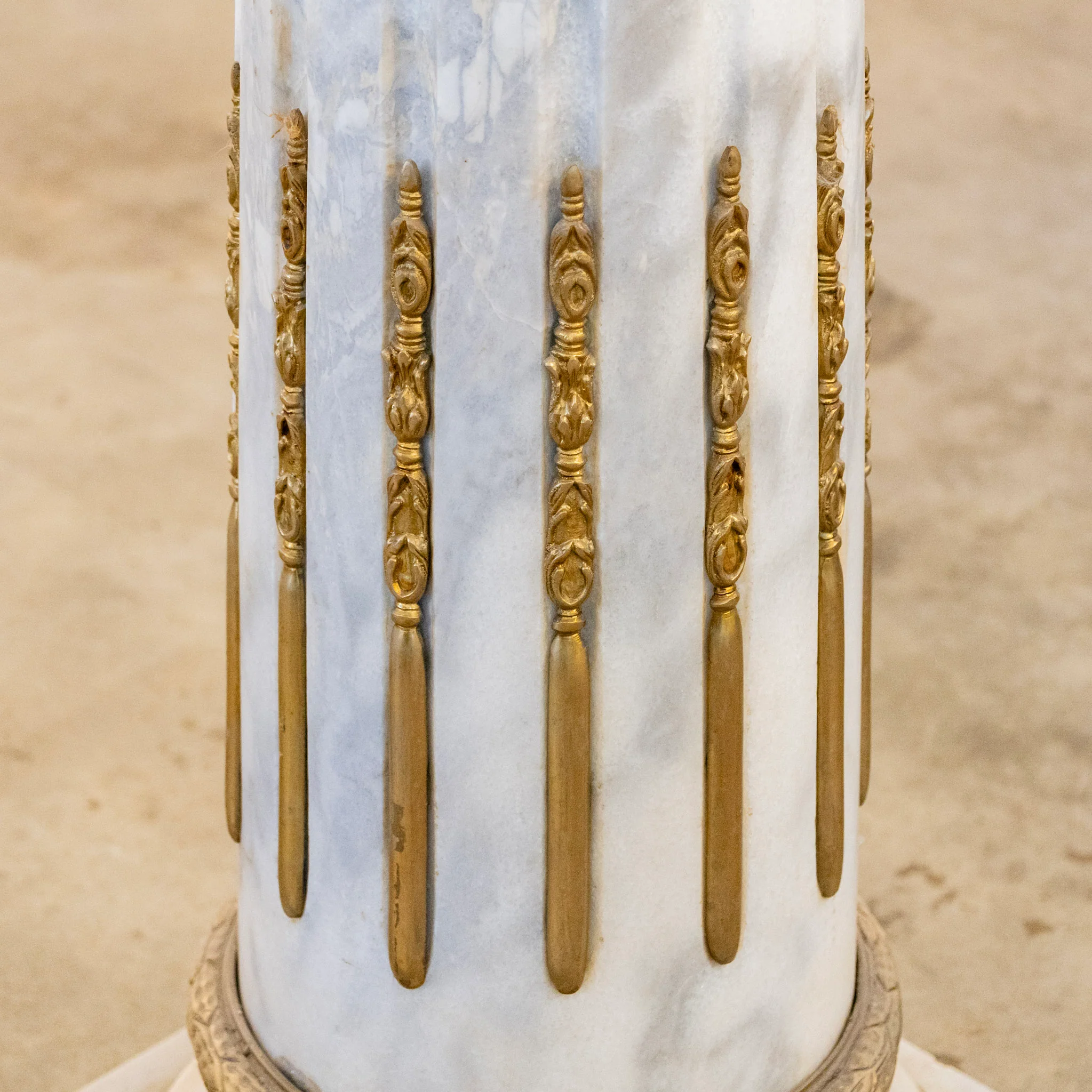 Ornate French White Marble Pedestal Column with Brass Trim - Image 13