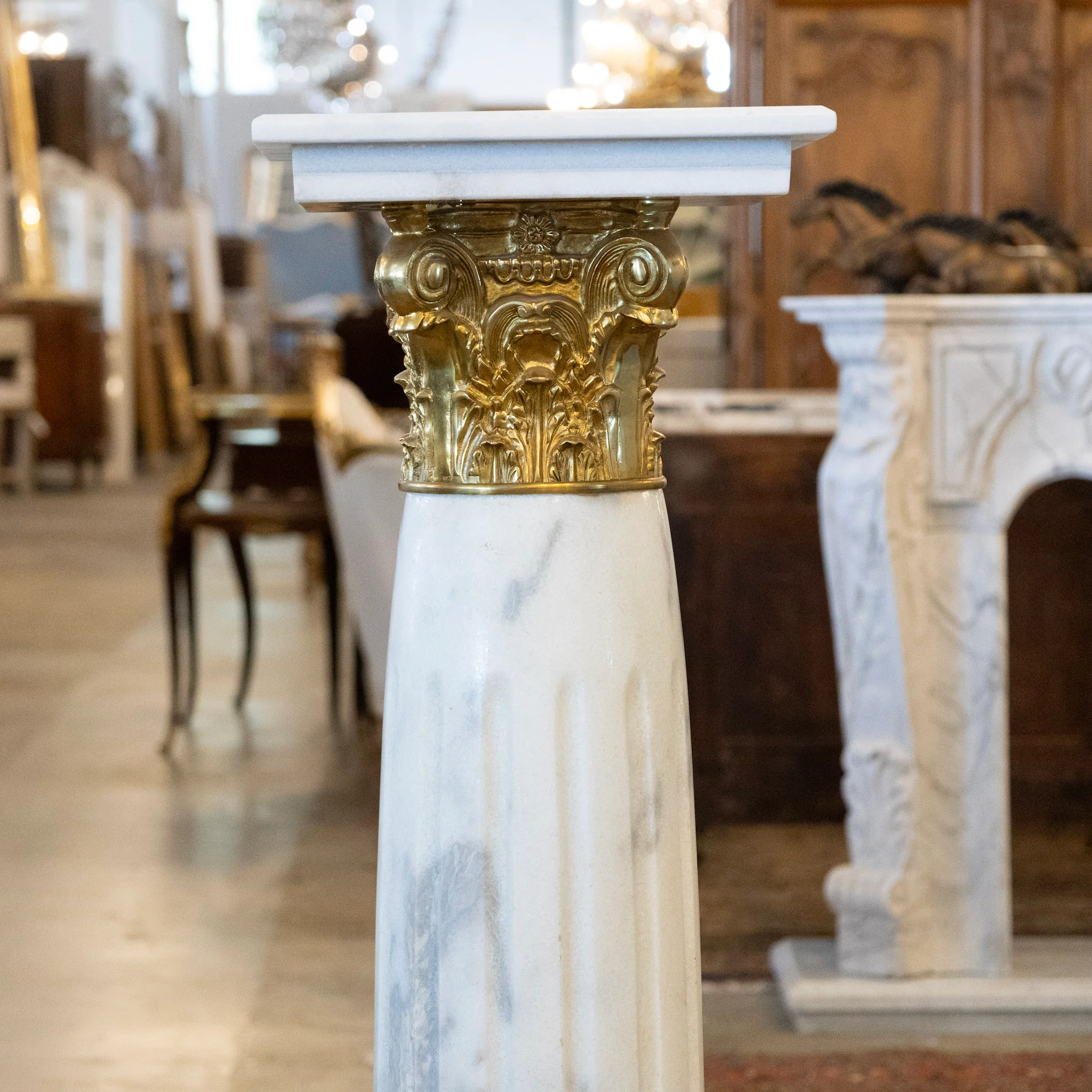 Ornate French White Marble Pedestal Column with Brass Trim - Image 3