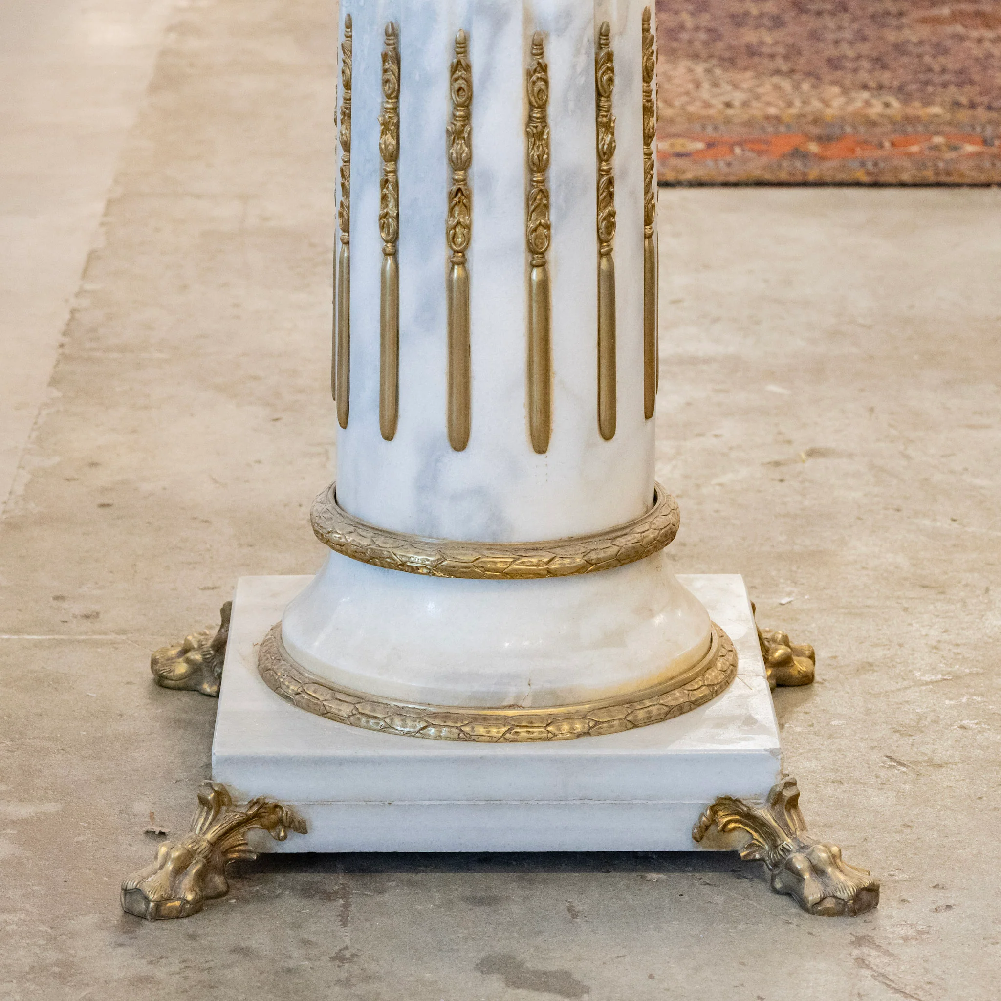 Ornate French White Marble Pedestal Column with Brass Trim - Image 4