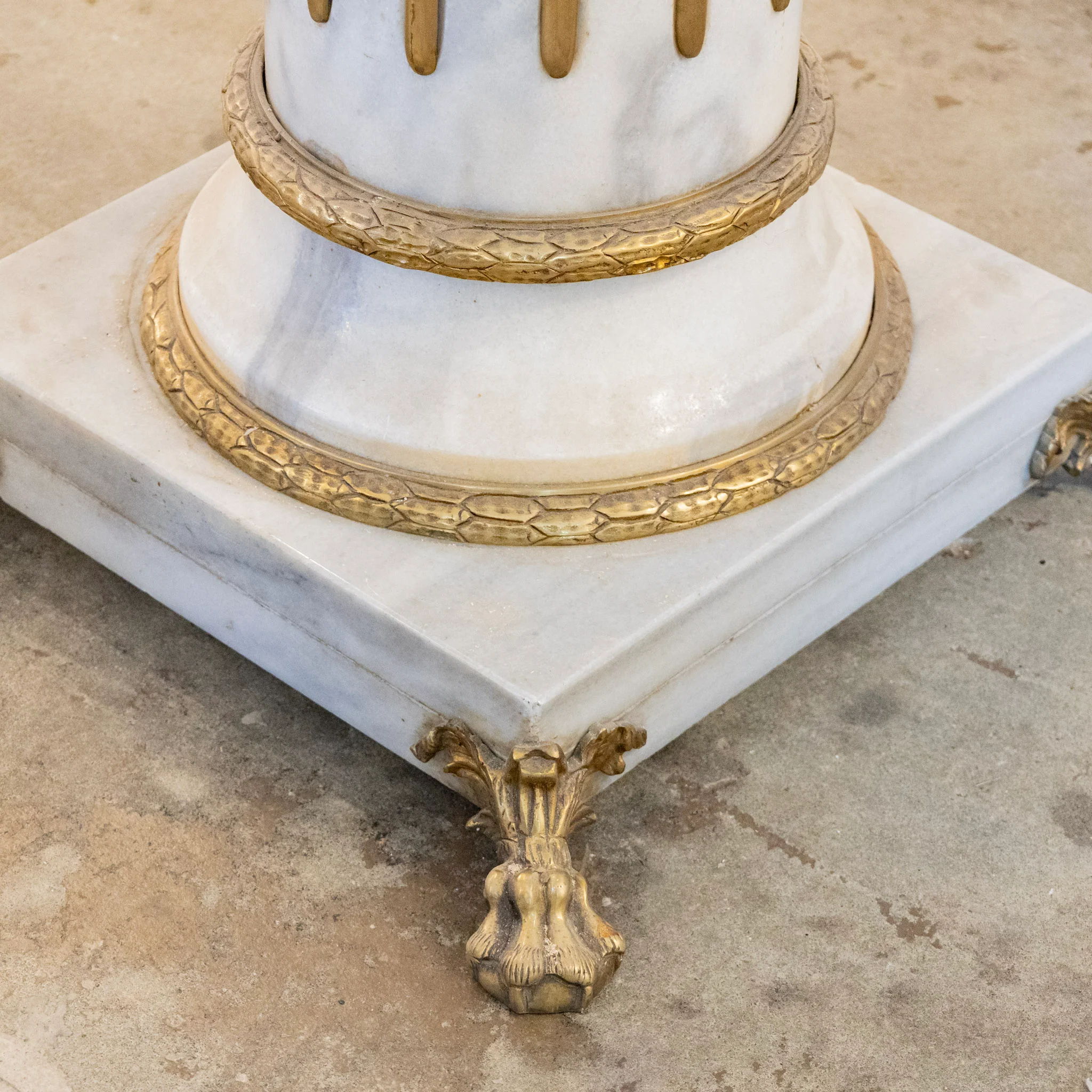Ornate French White Marble Pedestal Column with Brass Trim - Image 5