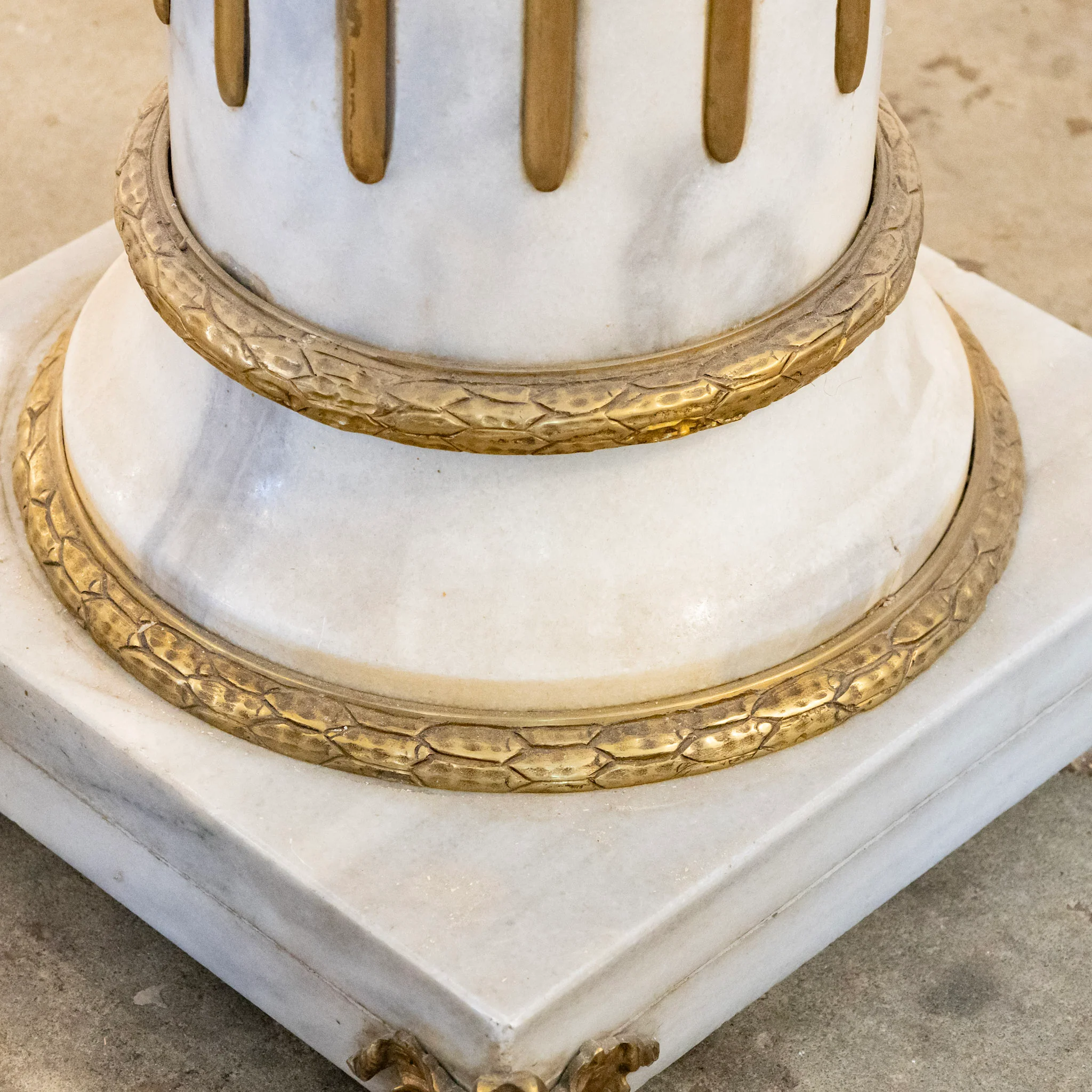 Ornate French White Marble Pedestal Column with Brass Trim - Image 6