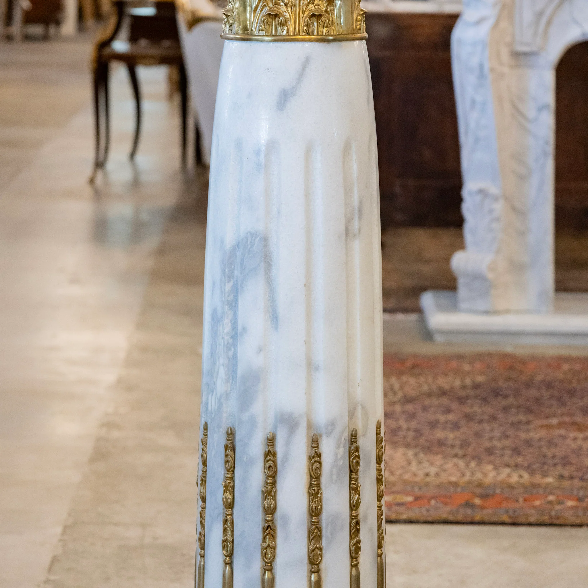 Ornate French White Marble Pedestal Column with Brass Trim - Image 8