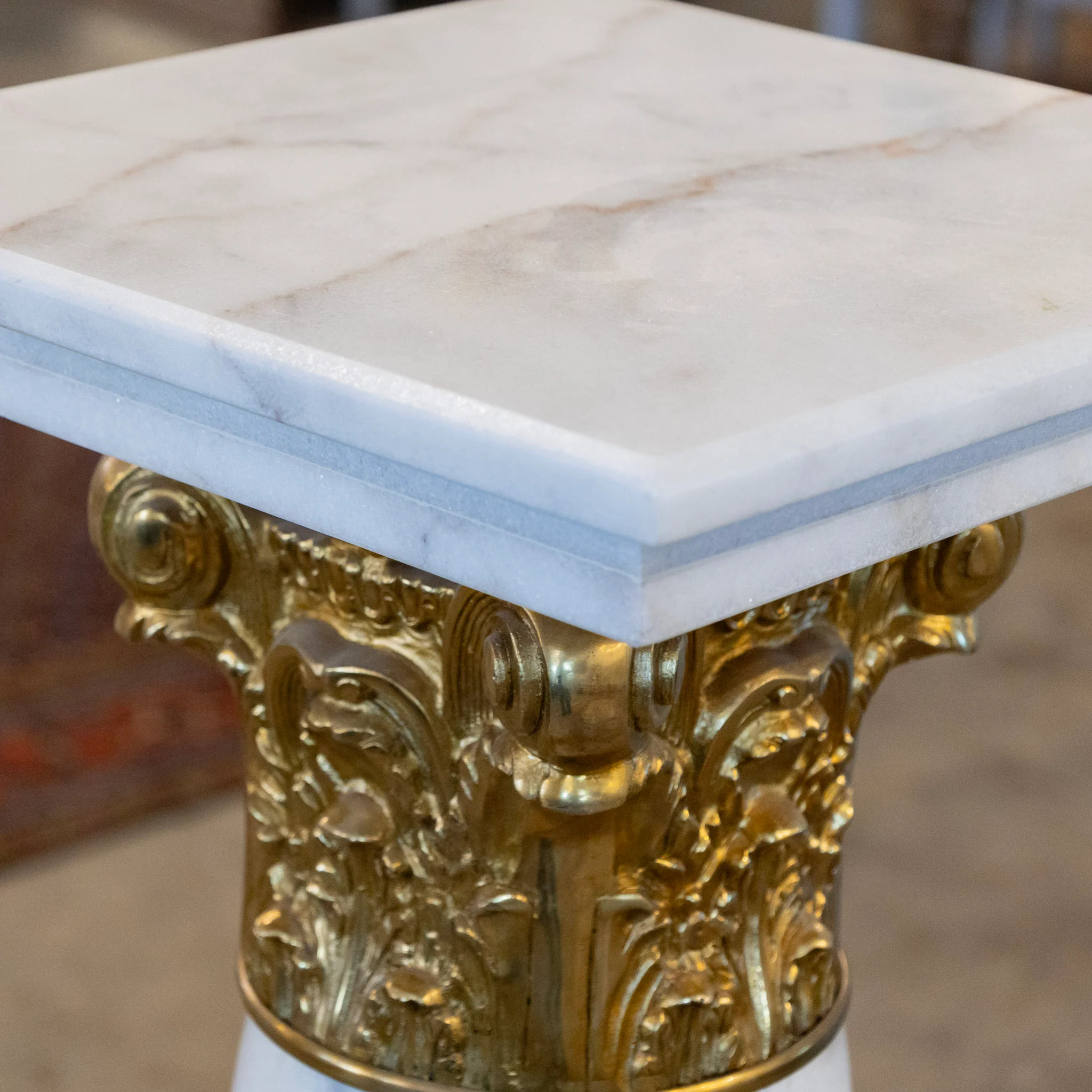 Ornate French White Marble Pedestal Column with Brass Trim - Image 9