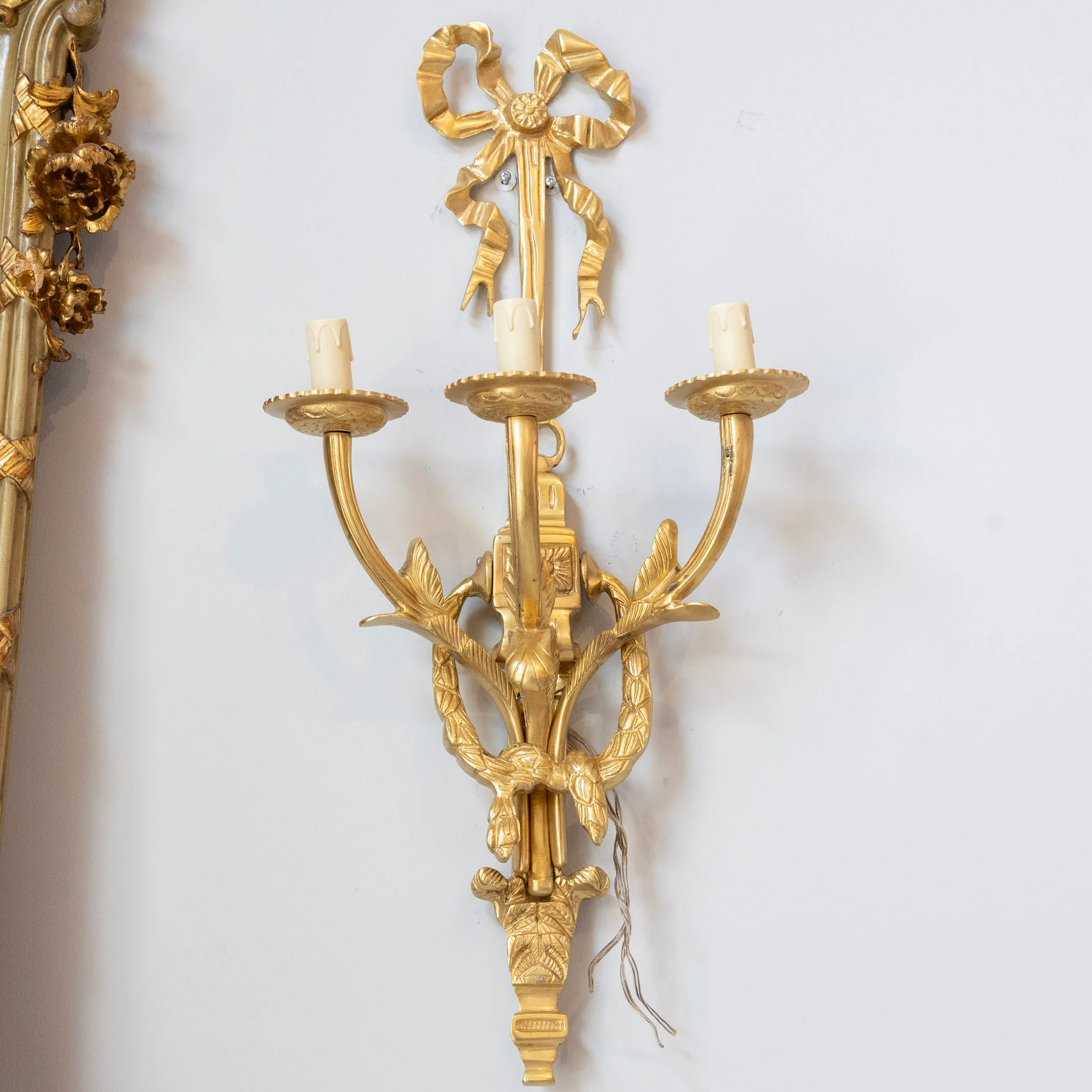 Pair of Louis XVI Grand Gilded Wall Sconces – Bright Gold with Bow Frame