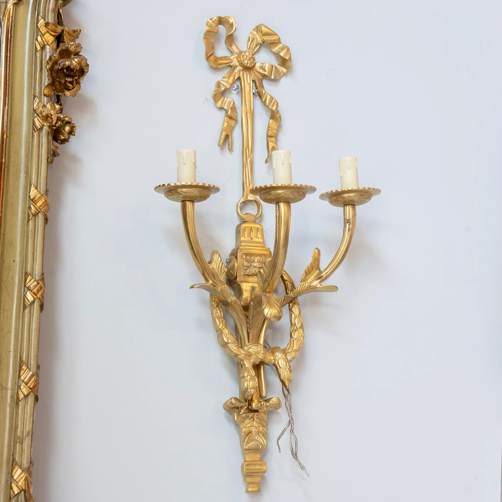 Pair of Louis XVI Grand Gilded Wall Sconces – Bright Gold with Bow Frame - Image 2