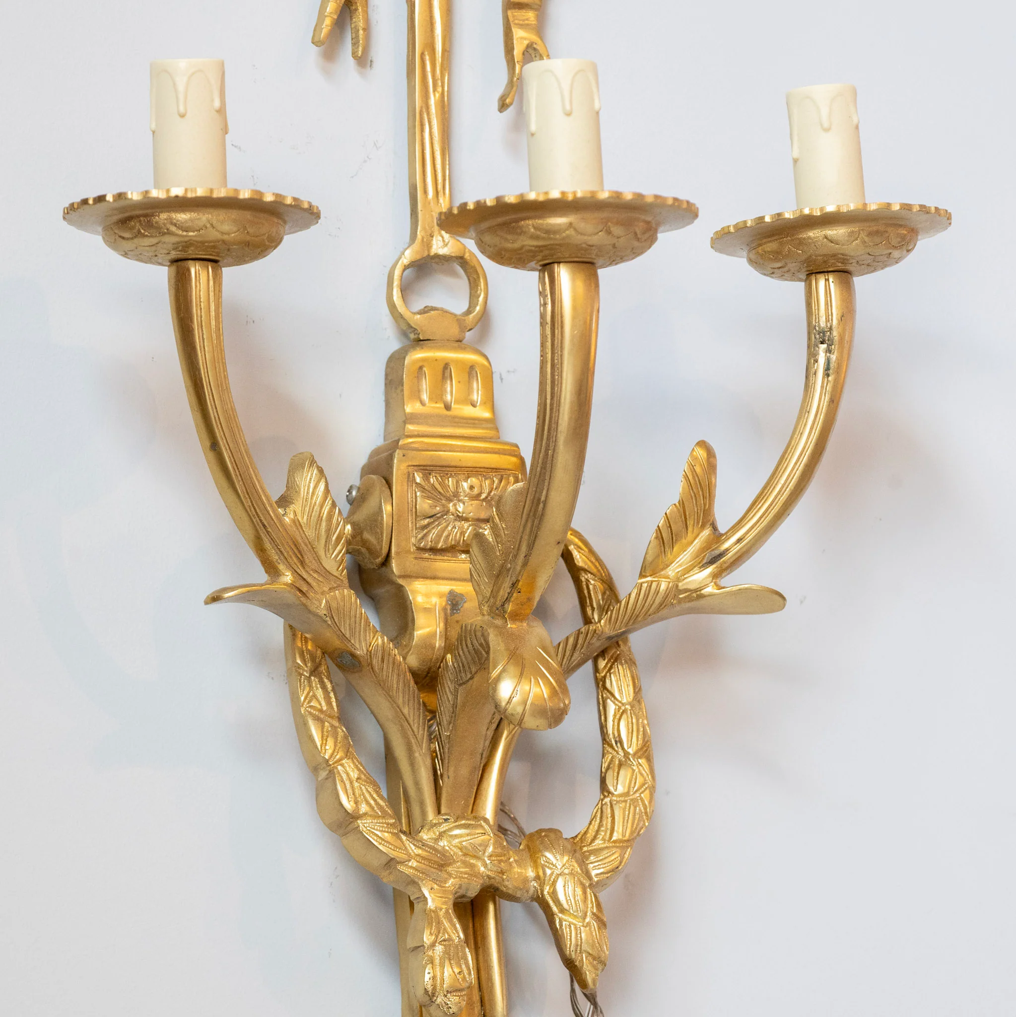 Pair of Louis XVI Grand Gilded Wall Sconces – Bright Gold with Bow Frame - Image 5