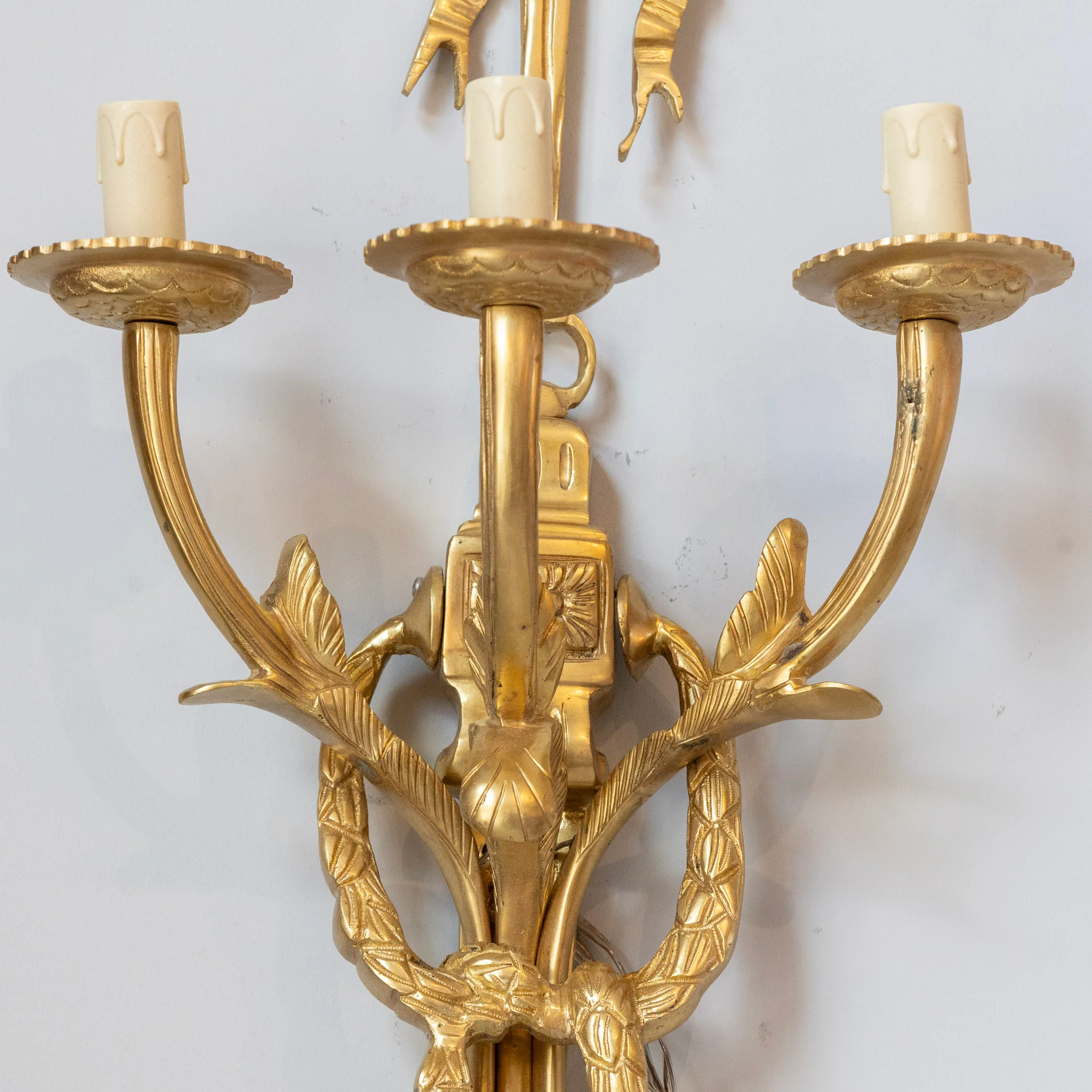 Pair of Louis XVI Grand Gilded Wall Sconces – Bright Gold with Bow Frame - Image 6