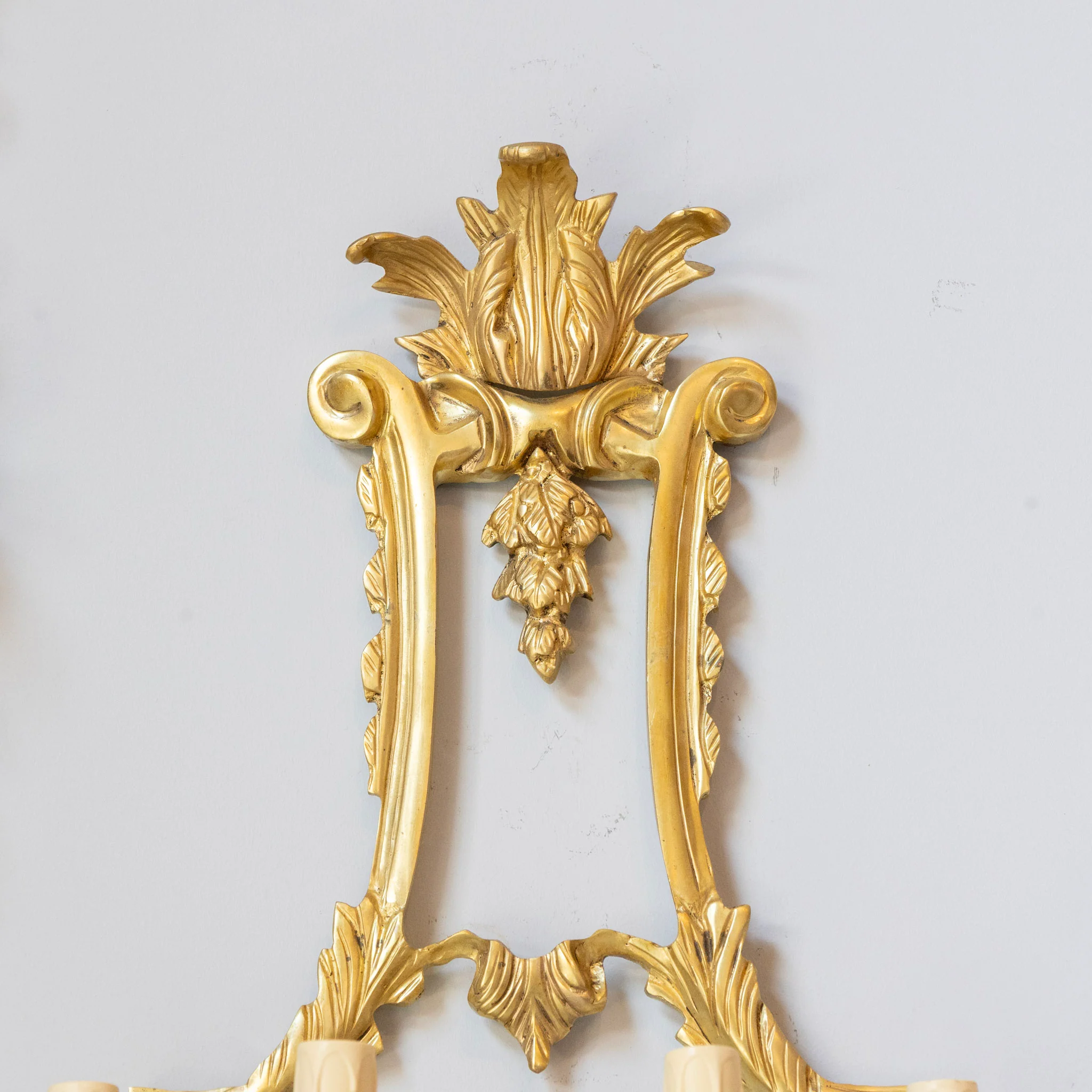Pair Louis XVI Grand Gilded Wall Sconces – Bright Gold with Leaf Carvings - Image 3