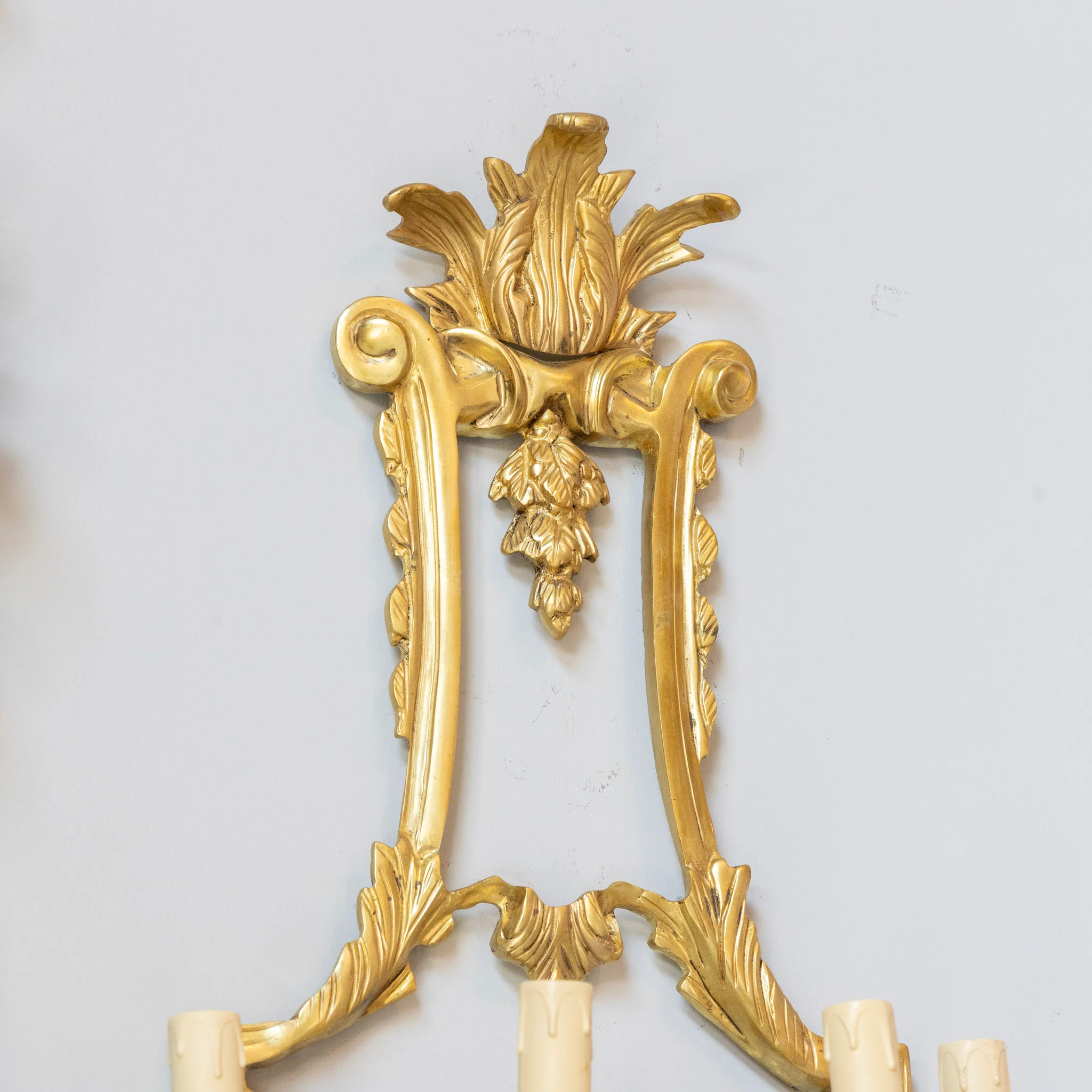 Pair Louis XVI Grand Gilded Wall Sconces – Bright Gold with Leaf Carvings - Image 4