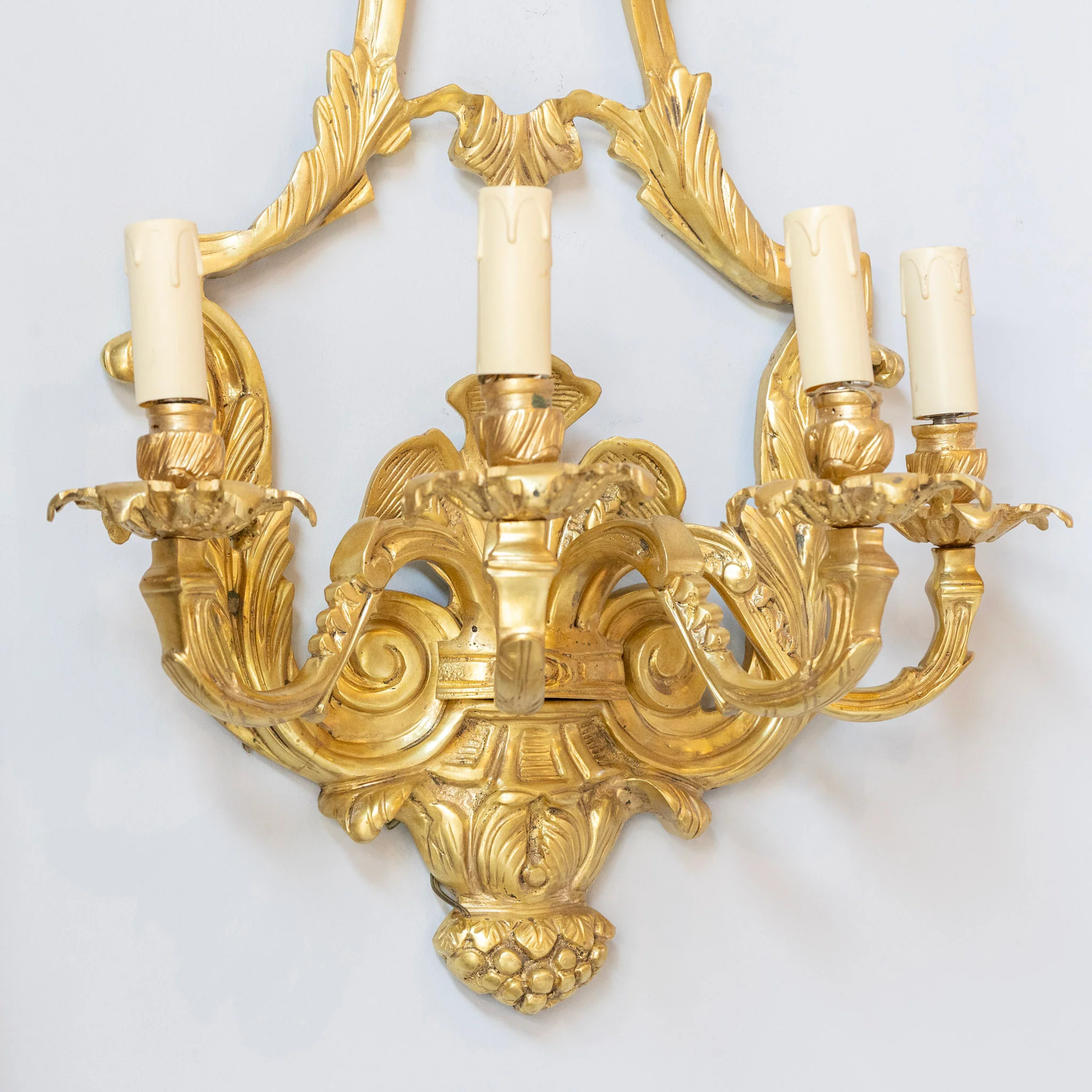 Pair Louis XVI Grand Gilded Wall Sconces – Bright Gold with Leaf Carvings - Image 5