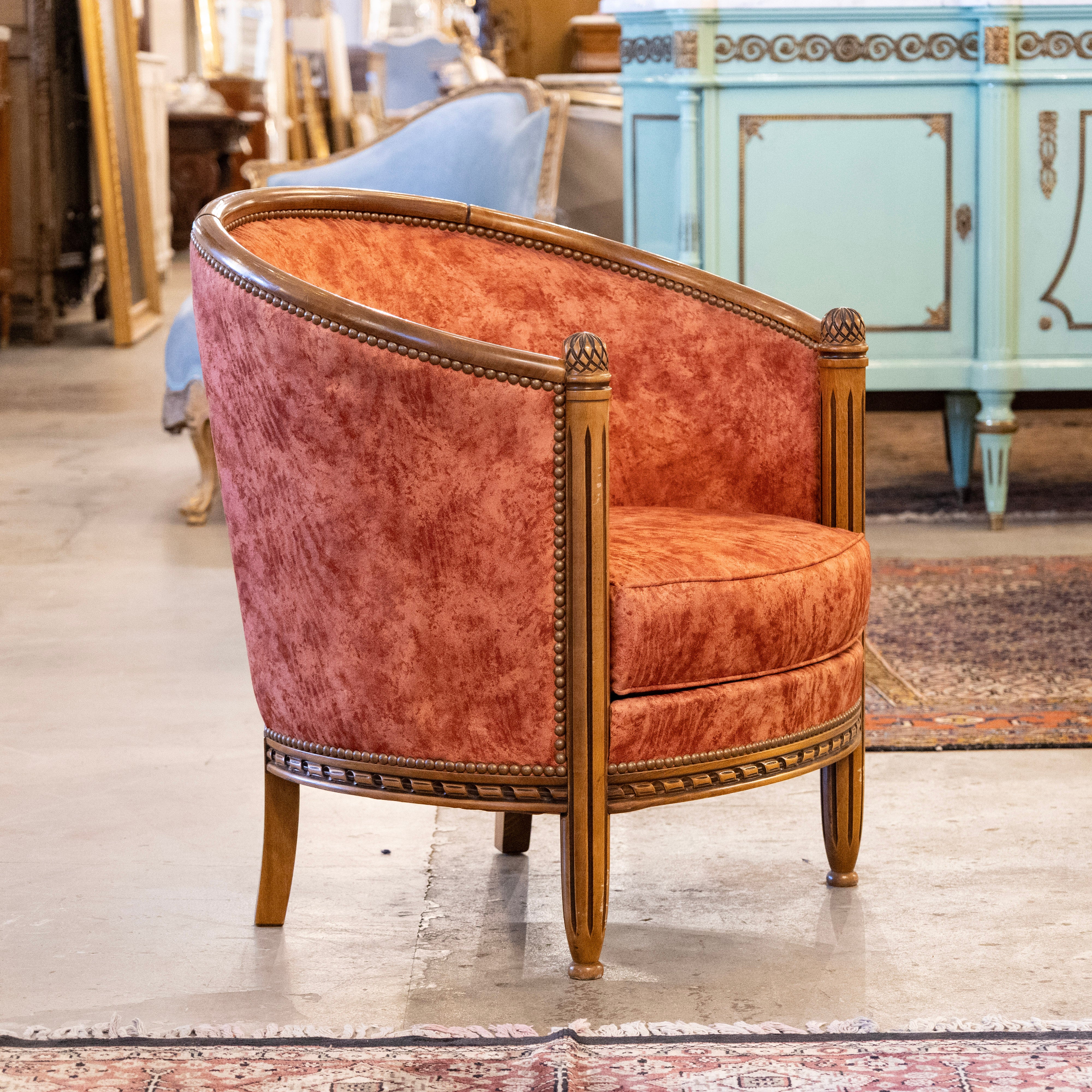 Pair of Art Deco Barrel Arm Chairs – Carved Wood Frame & Red Leather Upholstery - Image 3
