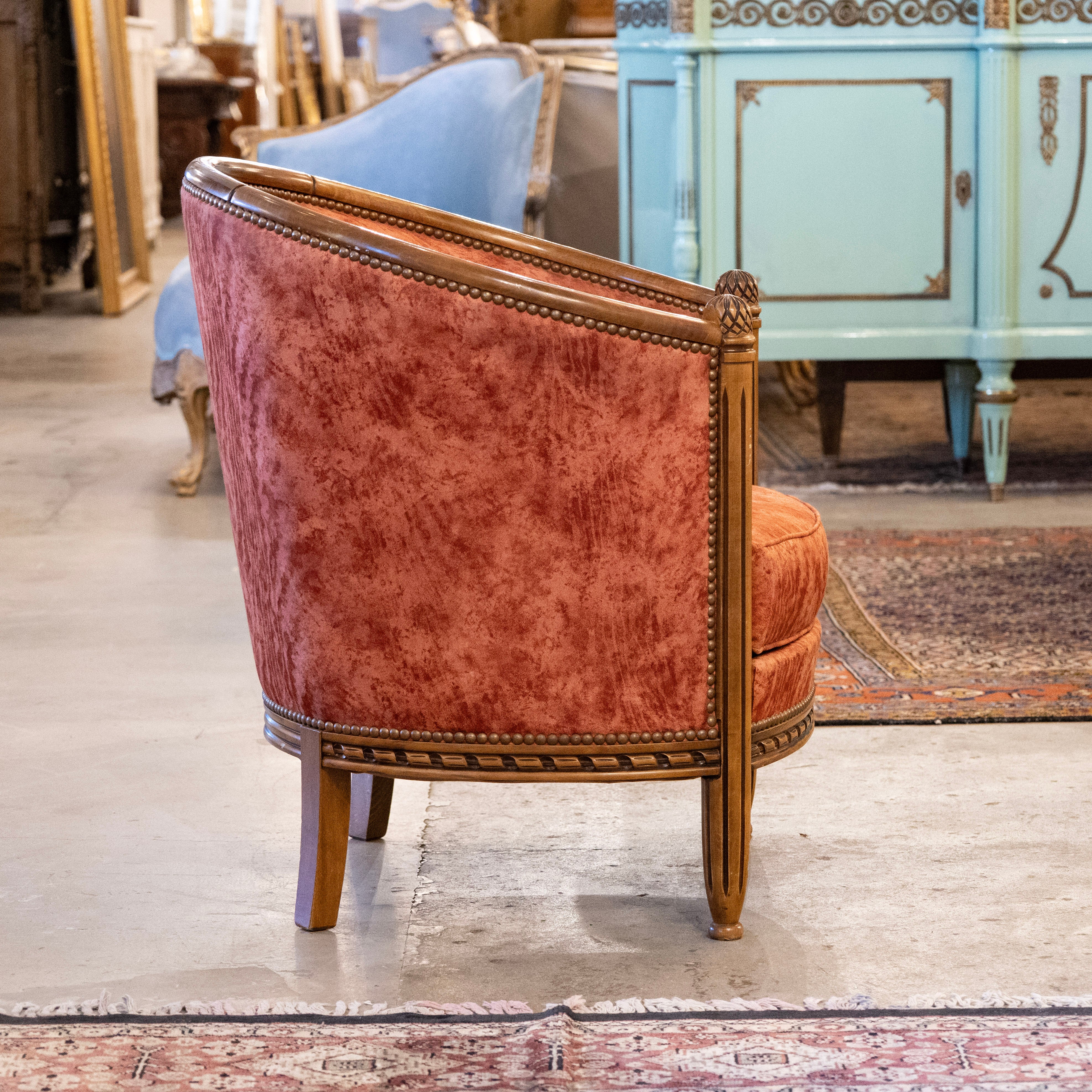 Pair of Art Deco Barrel Arm Chairs – Carved Wood Frame & Red Leather Upholstery - Image 4