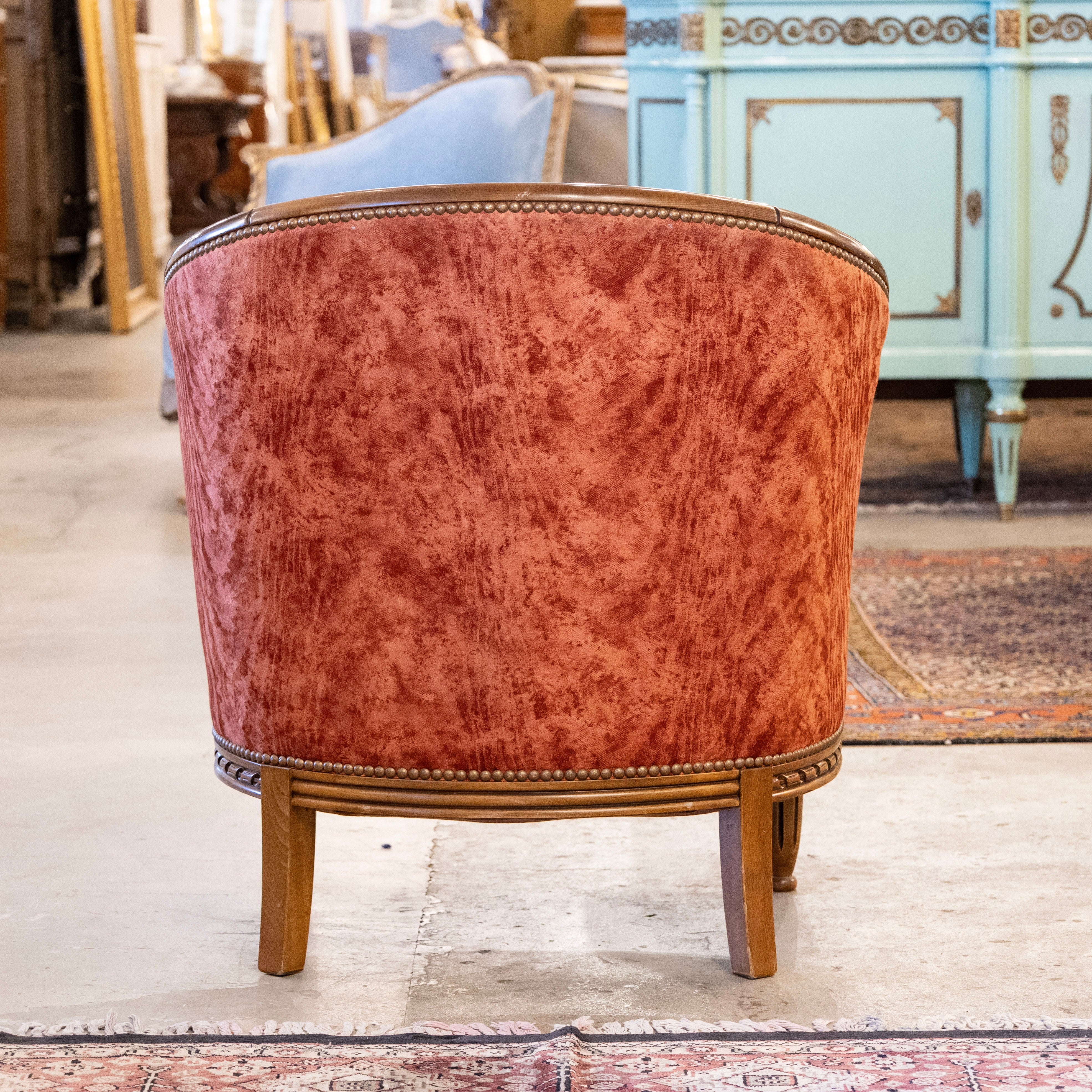 Pair of Art Deco Barrel Arm Chairs – Carved Wood Frame & Red Leather Upholstery - Image 5