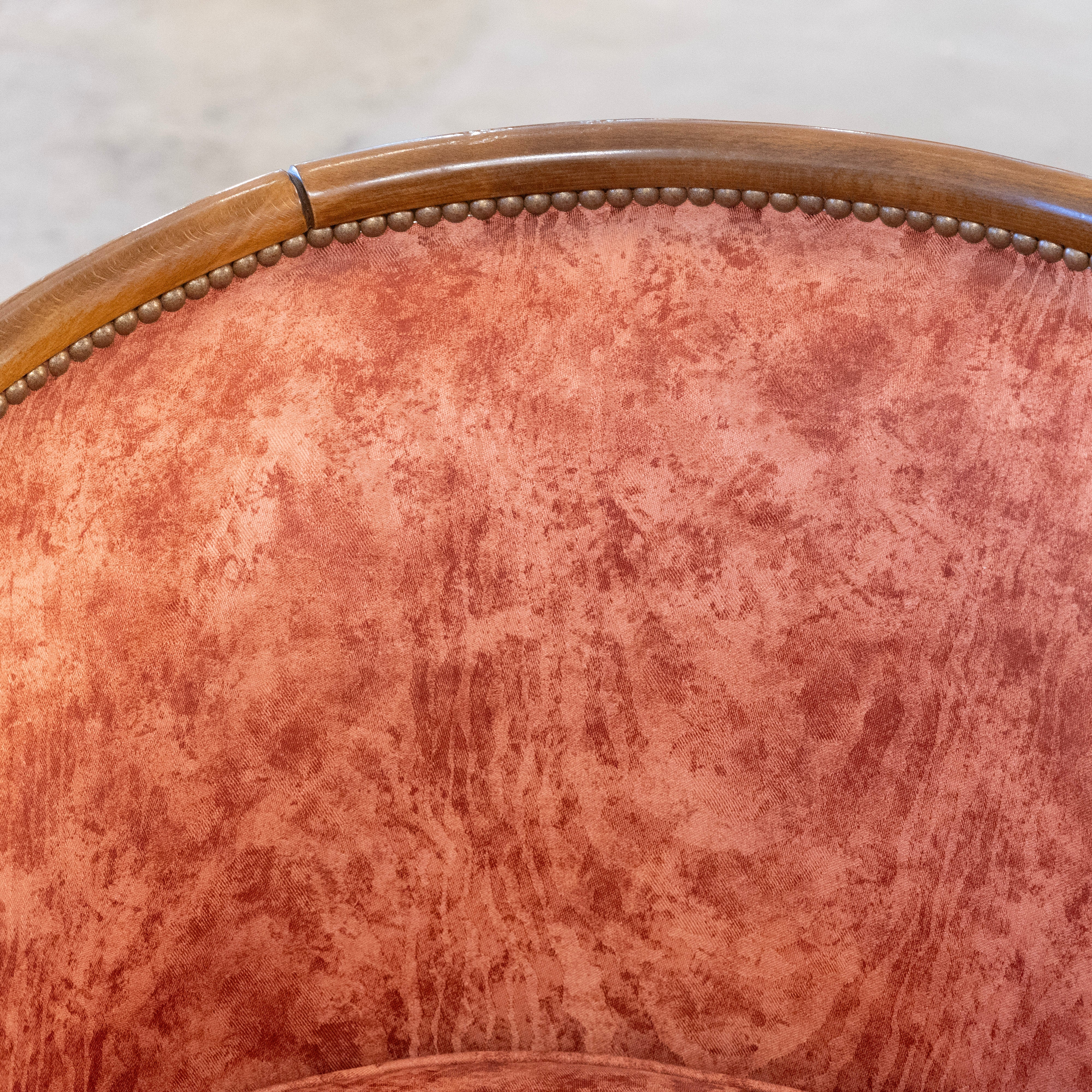 Pair of Art Deco Barrel Arm Chairs – Carved Wood Frame & Red Leather Upholstery - Image 6
